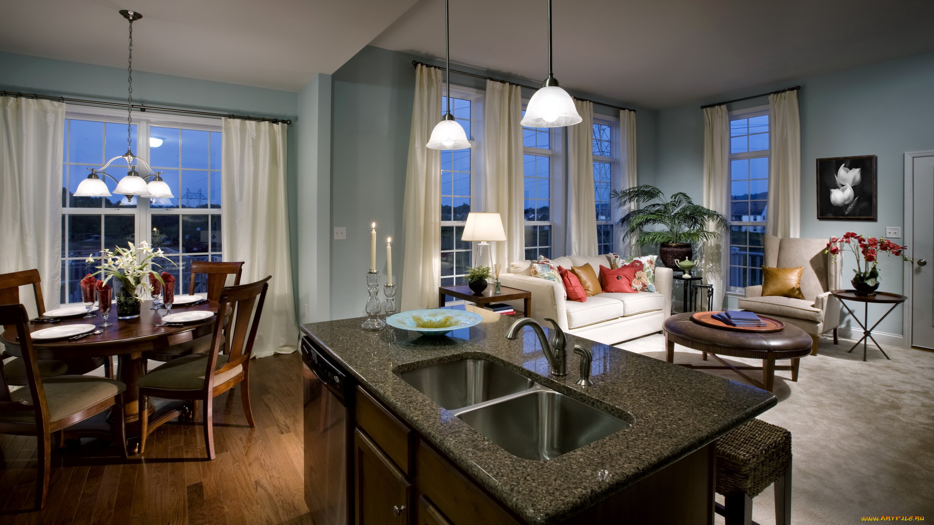 интерьер, гостиная, стол, стулья, диван