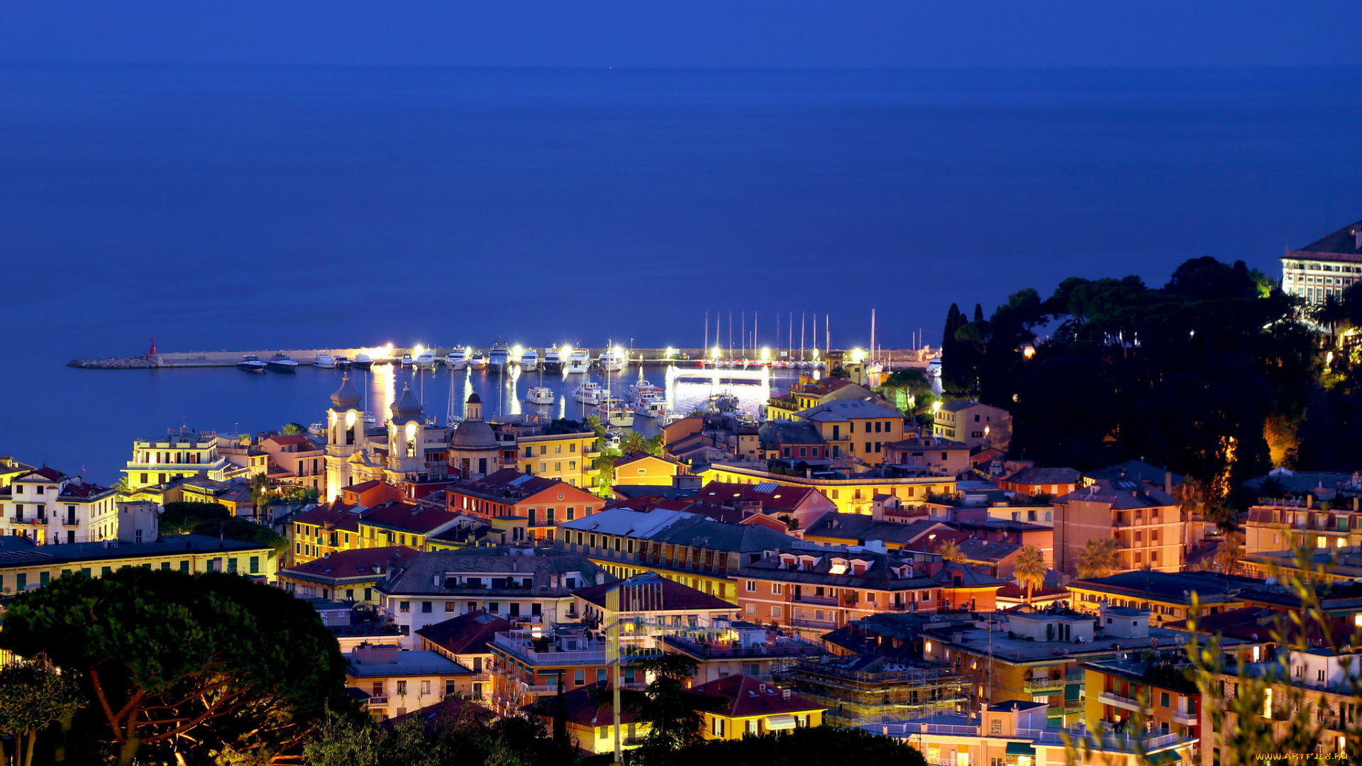 италия, лигурия, santa, margherita, города, амальфийское, и, лигурийское, побережье, , италия, лигурия, santa, margherita, ligure, дома, море, набережная, ночь, огни