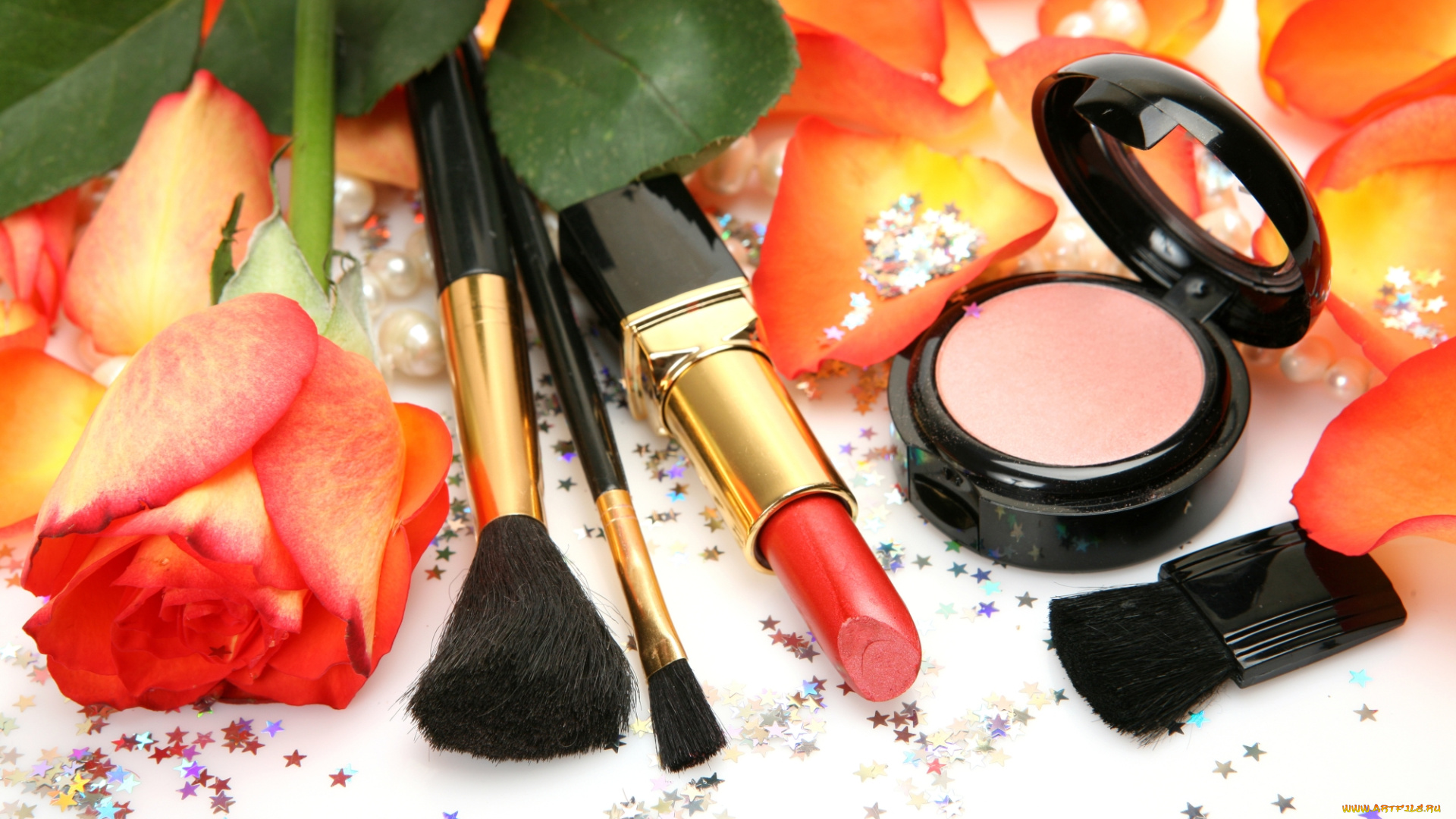 разное, косметика, , духи, помада, зеркало, тушь, пудра, кисточки, лепестки