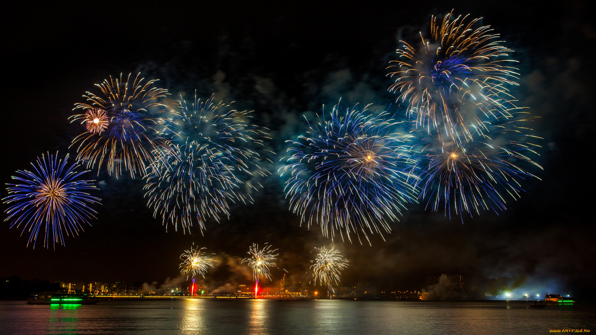разное, салюты, , фейерверки, ночь, фейерверк, огни, залив