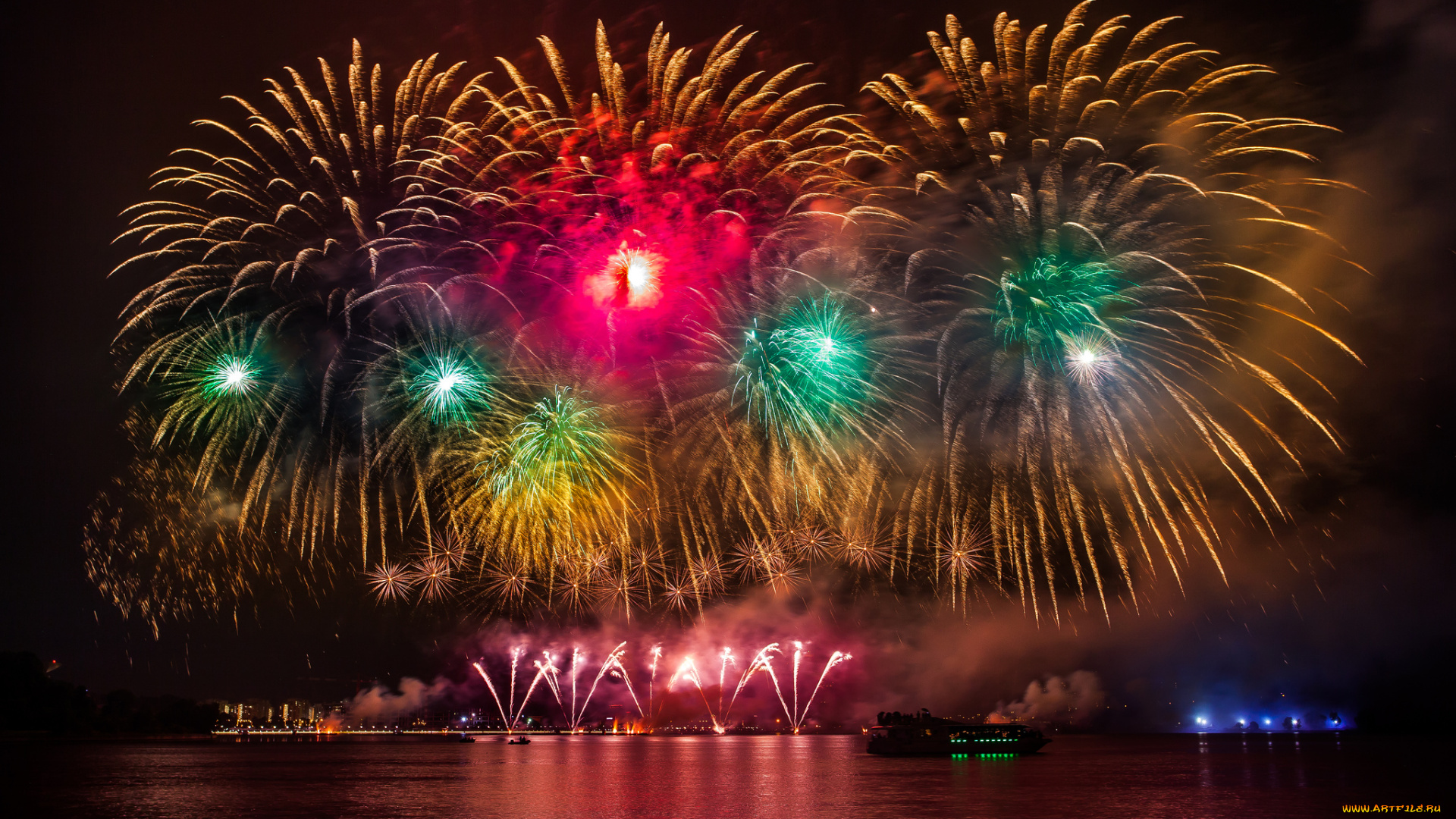 разное, салюты, , фейерверки, огни, залив, фейерверк, ночь