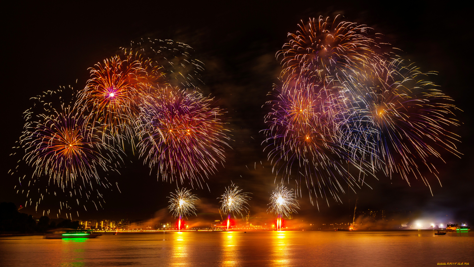 разное, салюты, , фейерверки, залив, фейерверк, огни, ночь
