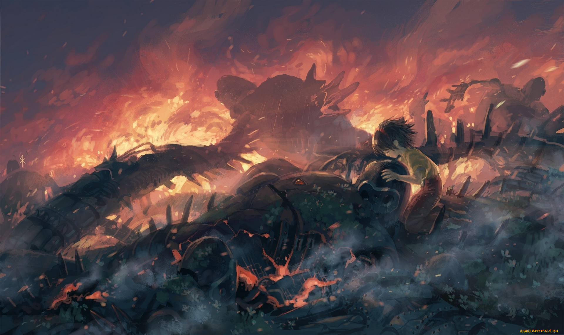 фэнтези, люди, пожар, ребенок, развалины, детали, роботы