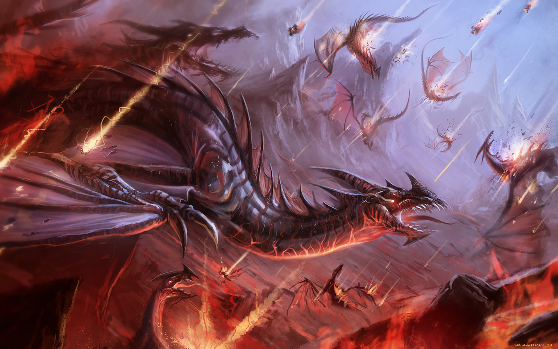 фэнтези, драконы, метеориты, огонь