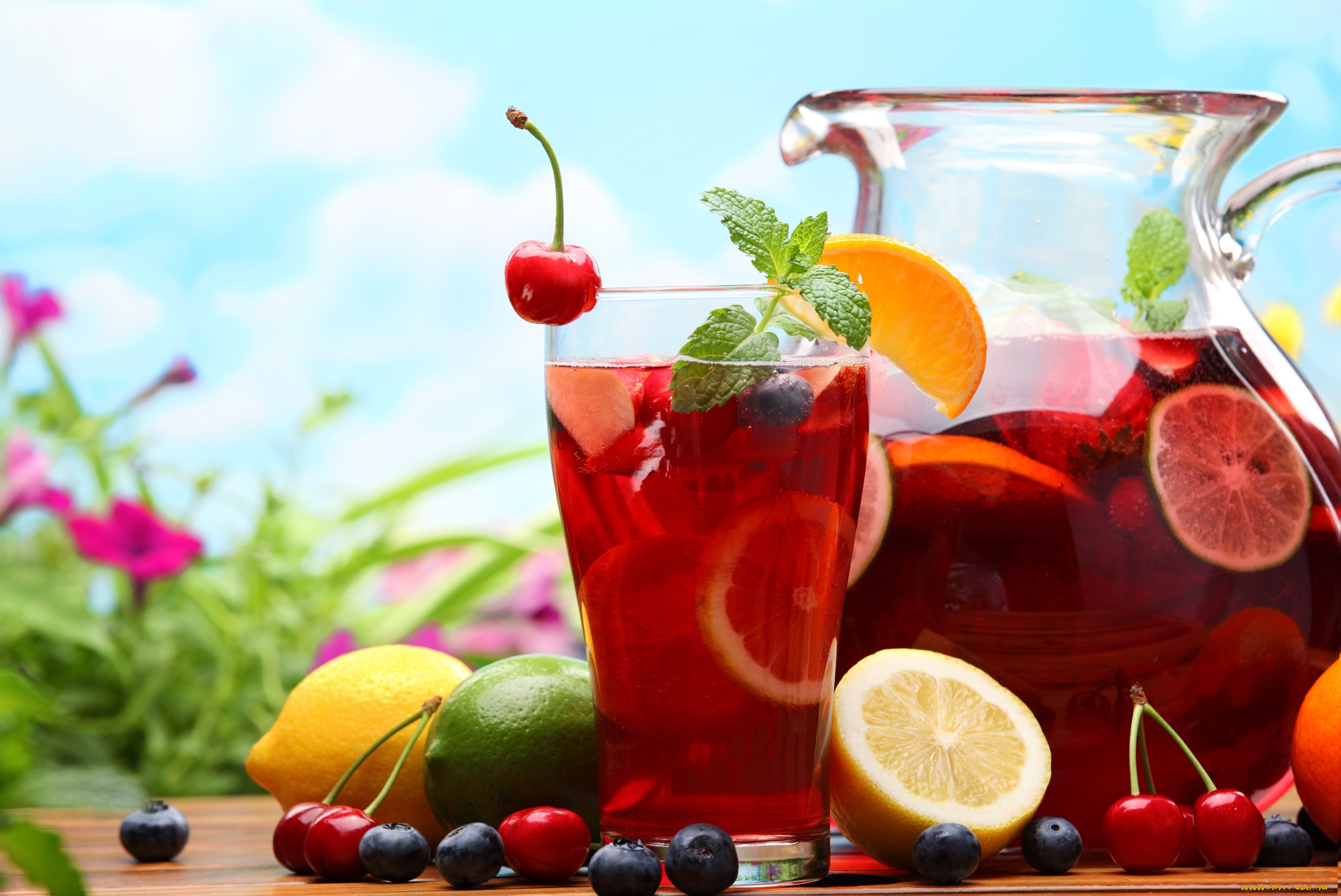 еда, напитки, мята, графин, лимон, лайм, стакан, сок, вишни