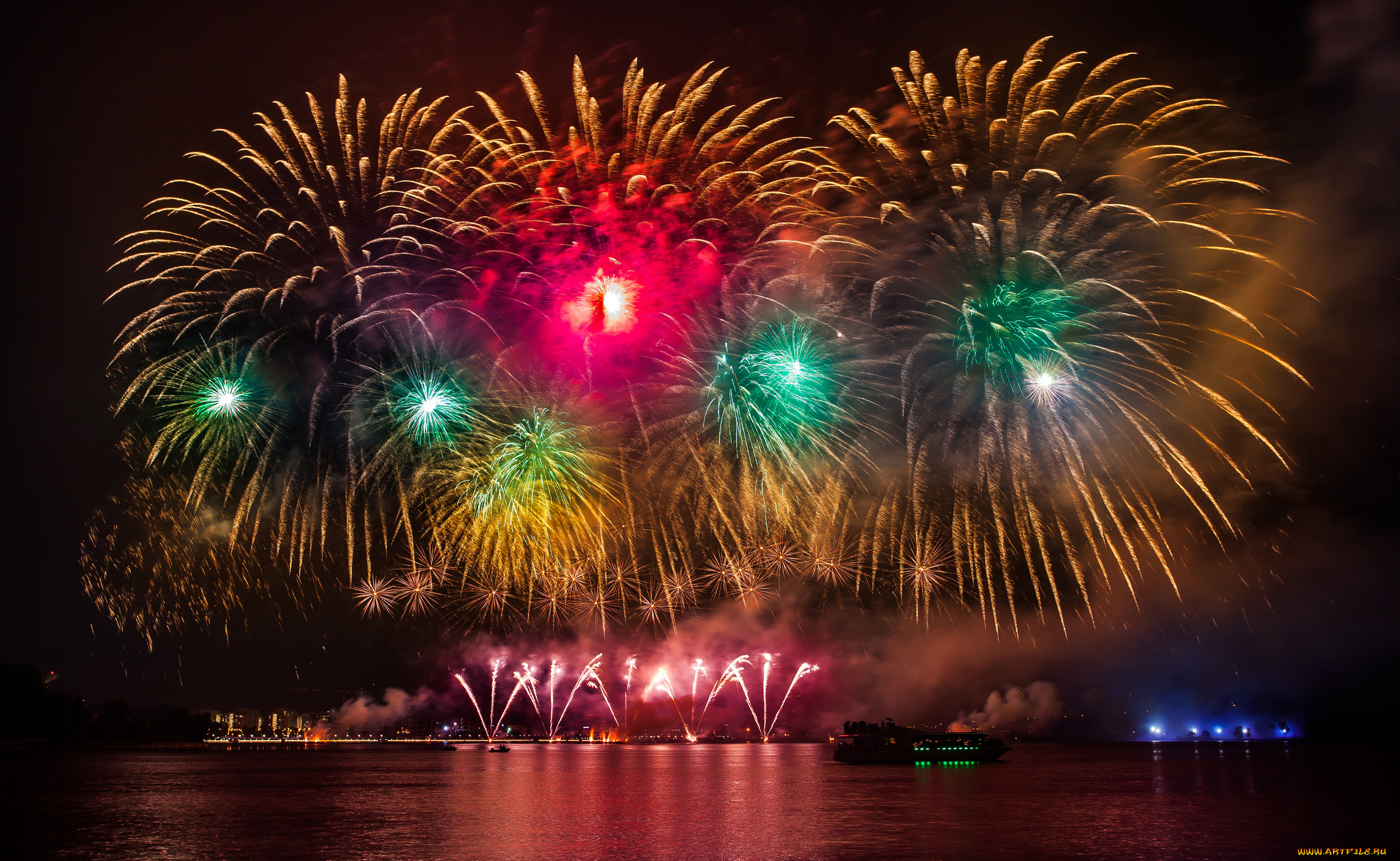 разное, салюты, , фейерверки, огни, залив, фейерверк, ночь