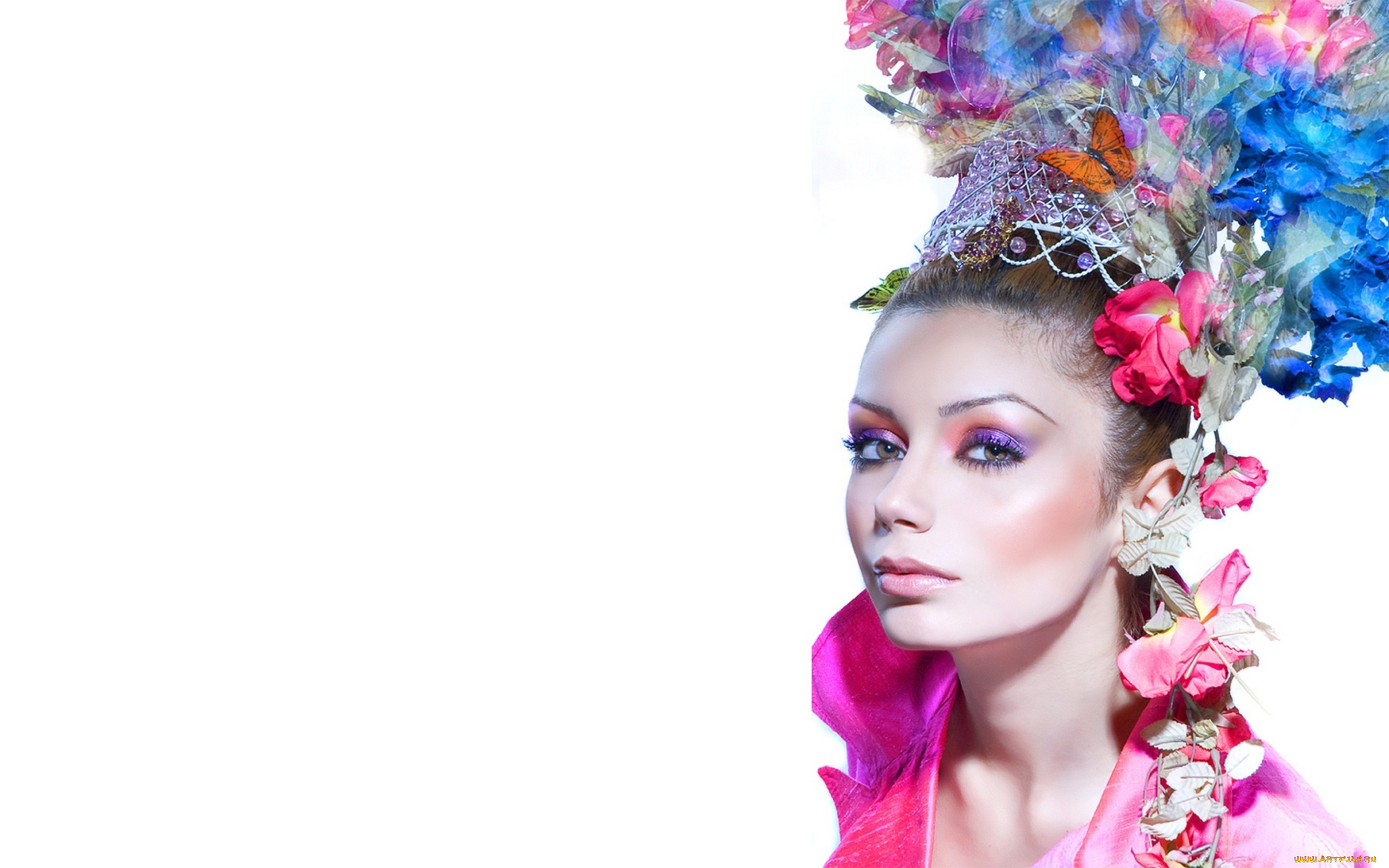 девушки, -unsort, , креатив, бабочка, цветы, взгляд, макияж, девушка, лицо