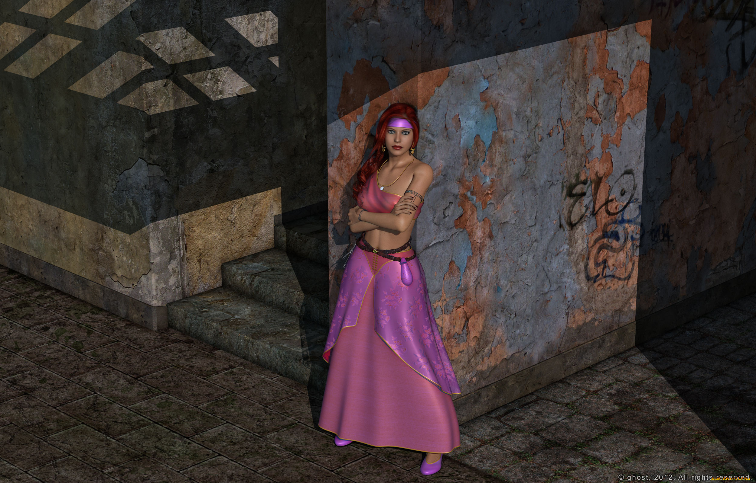 3д, графика, people, , люди, платье, стена, девушка, взгляд, фон