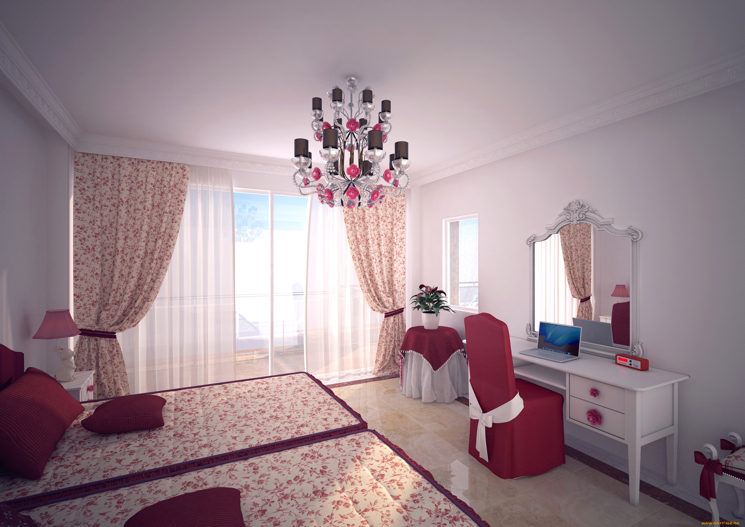 интерьер, спальня, кровати, трюмо, постель