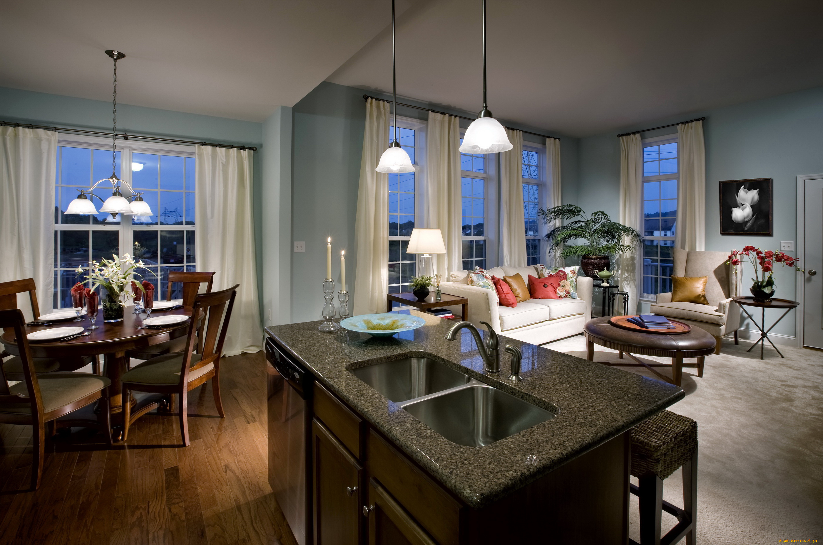 интерьер, гостиная, стол, стулья, диван