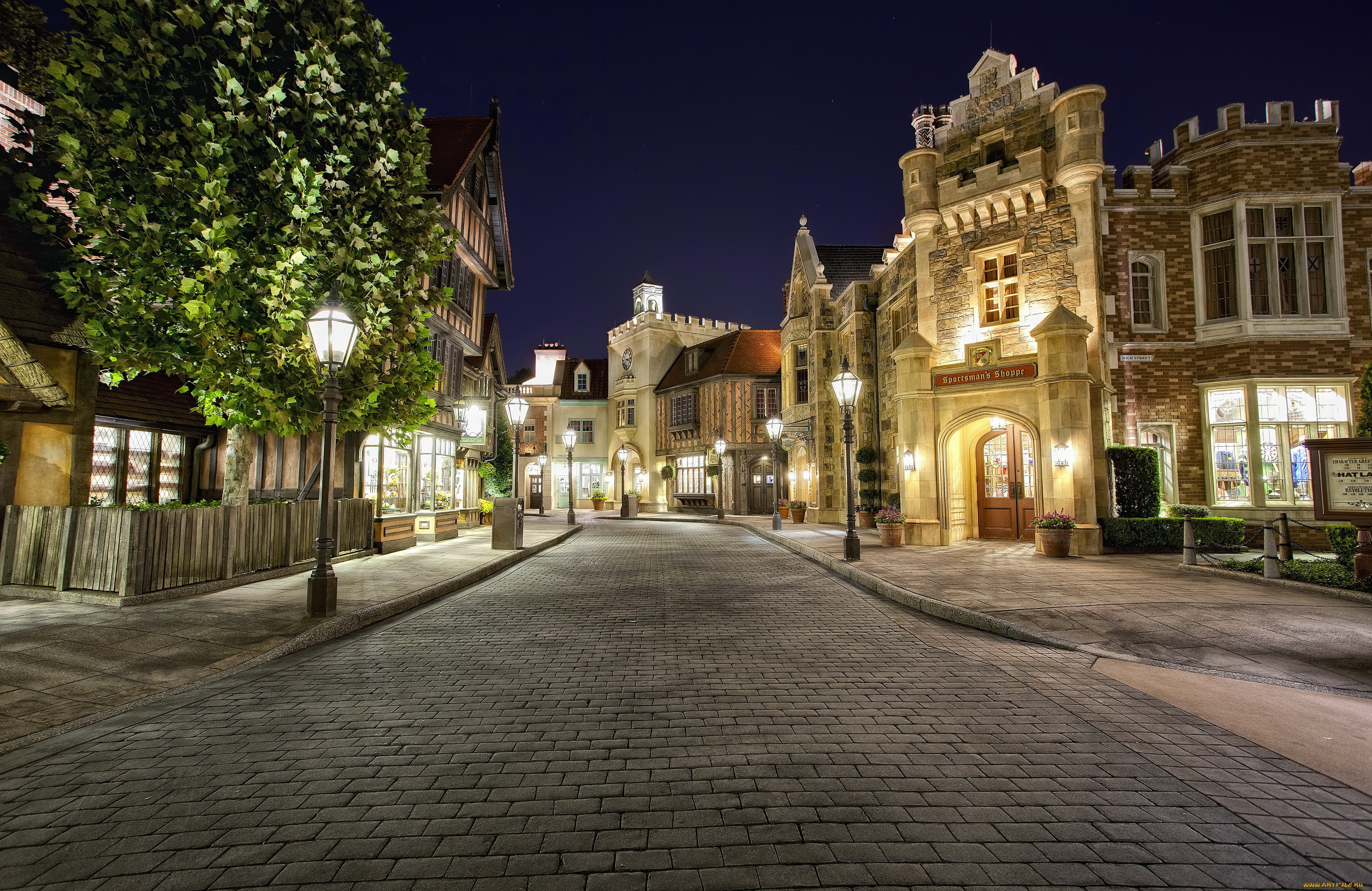 города, диснейленд, сша, калифорния, анахайм, дизайн, hdr, ночь, парки, дома, улица, фонари