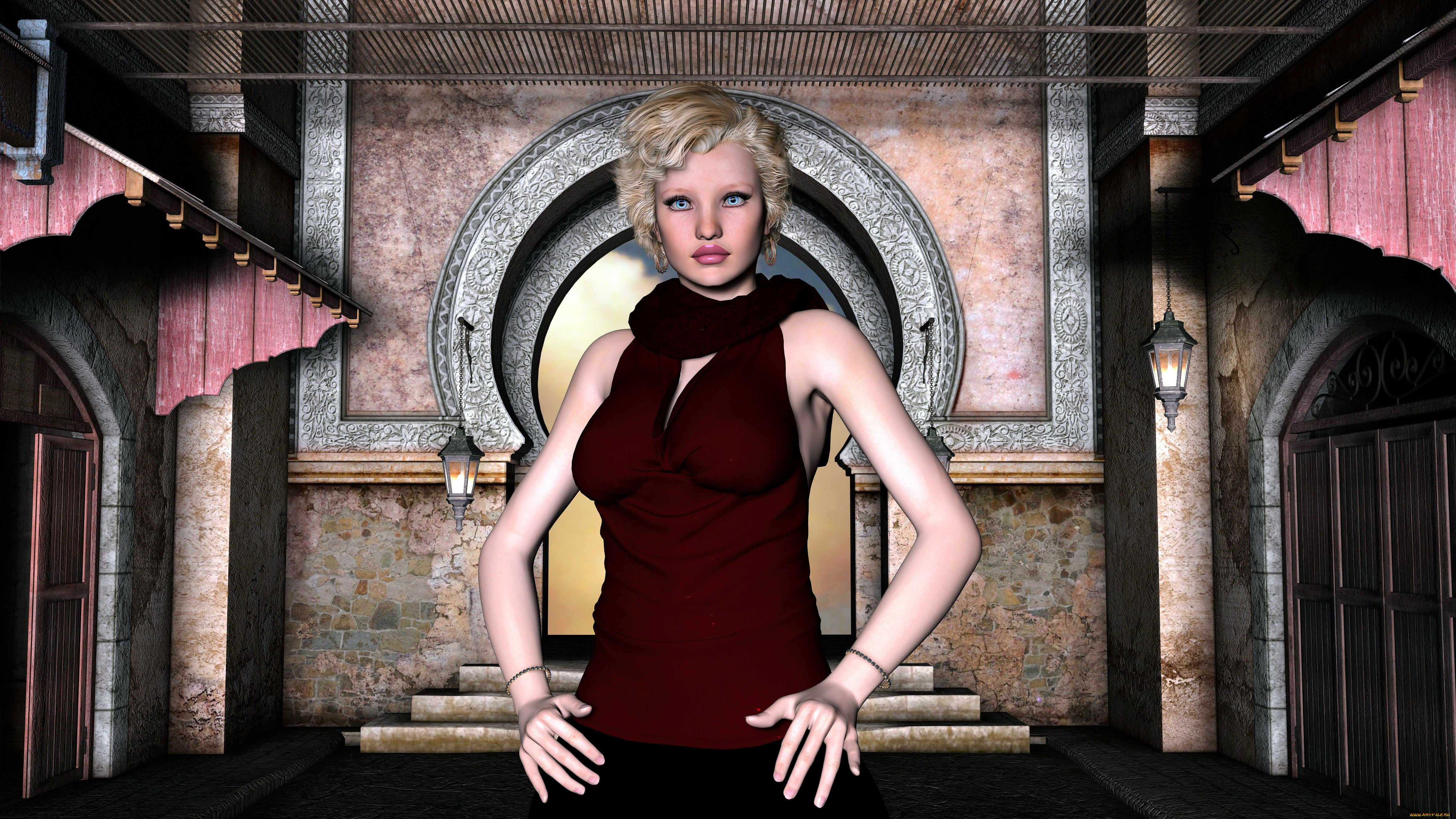 3д, графика, people, , люди, девушка, платье, фон, взгляд