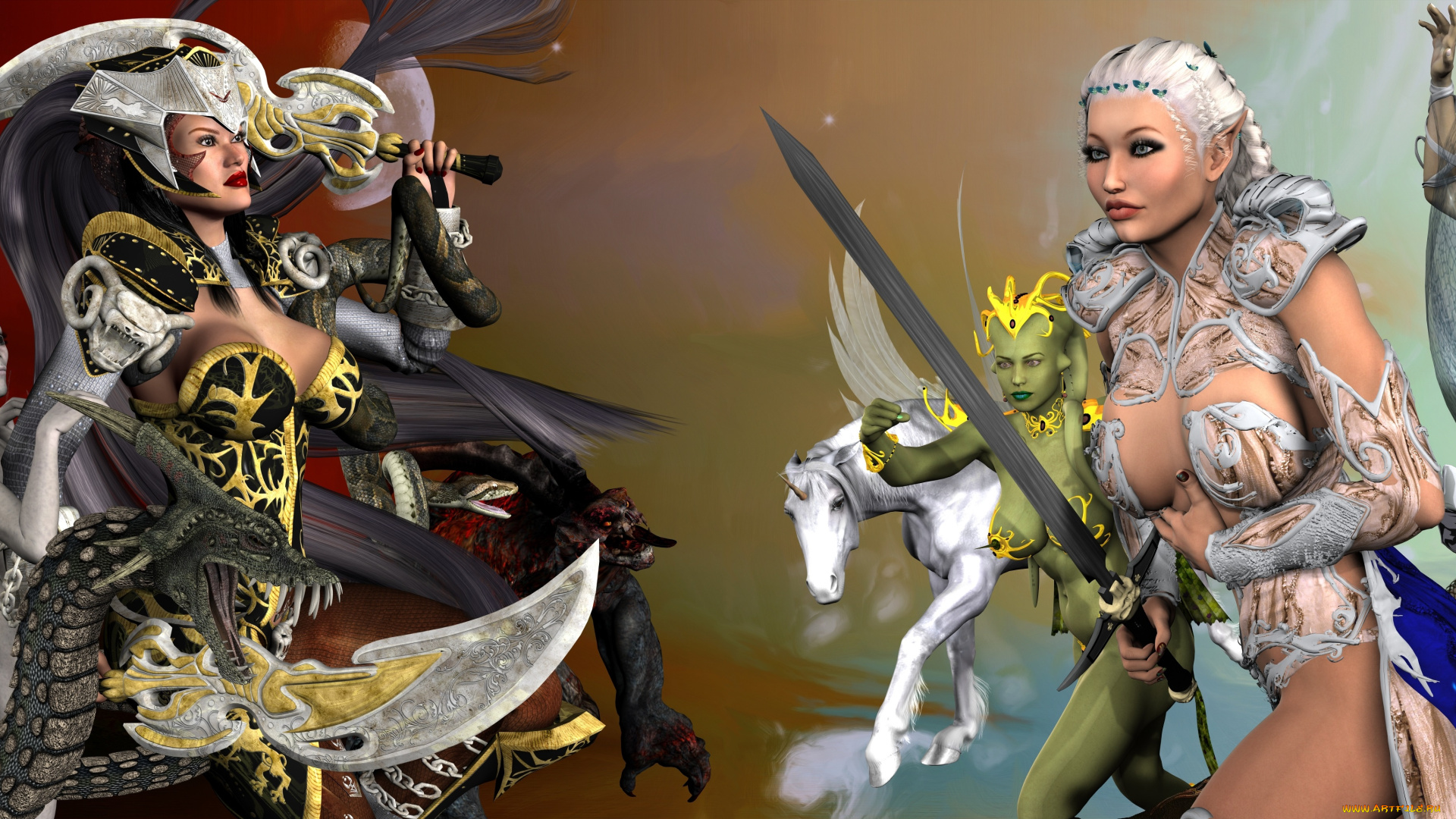 3д, графика, эльфы, , elves, драка, эльфийки, взгляд, фон, существа