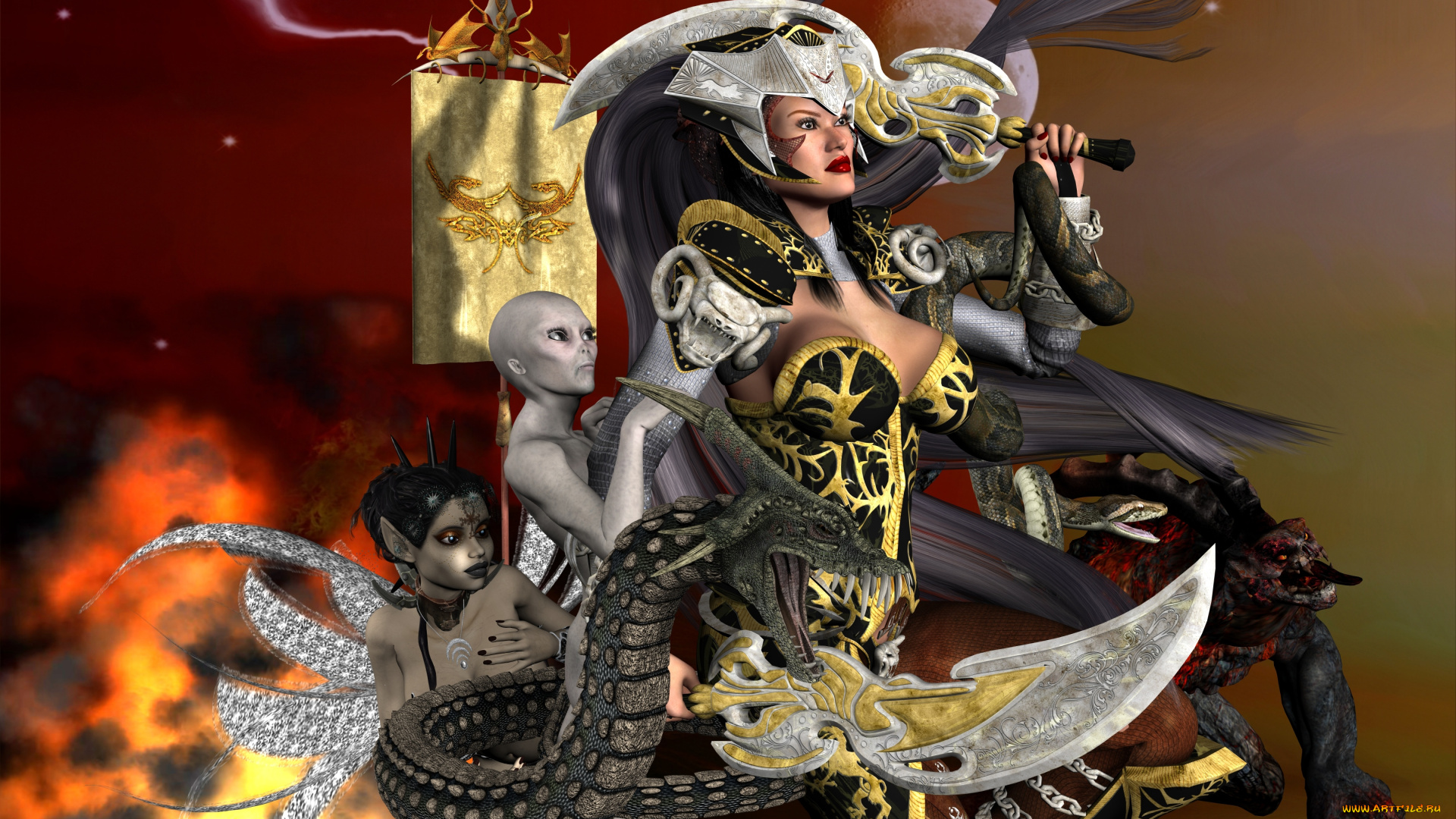 3д, графика, фантазия, , fantasy, фон, взгляд, девушка, эльфы, оружие