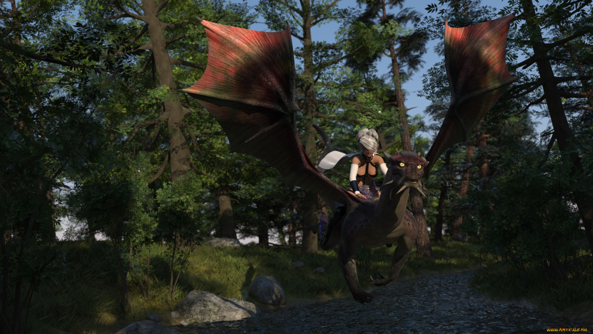 3д, графика, фантазия, , fantasy, лес, дракон, полет, девушка