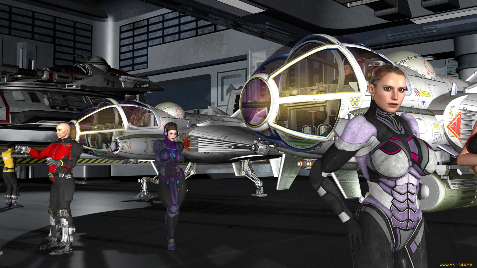 3д, графика, фантазия, , fantasy, самолеты, ангар, люди