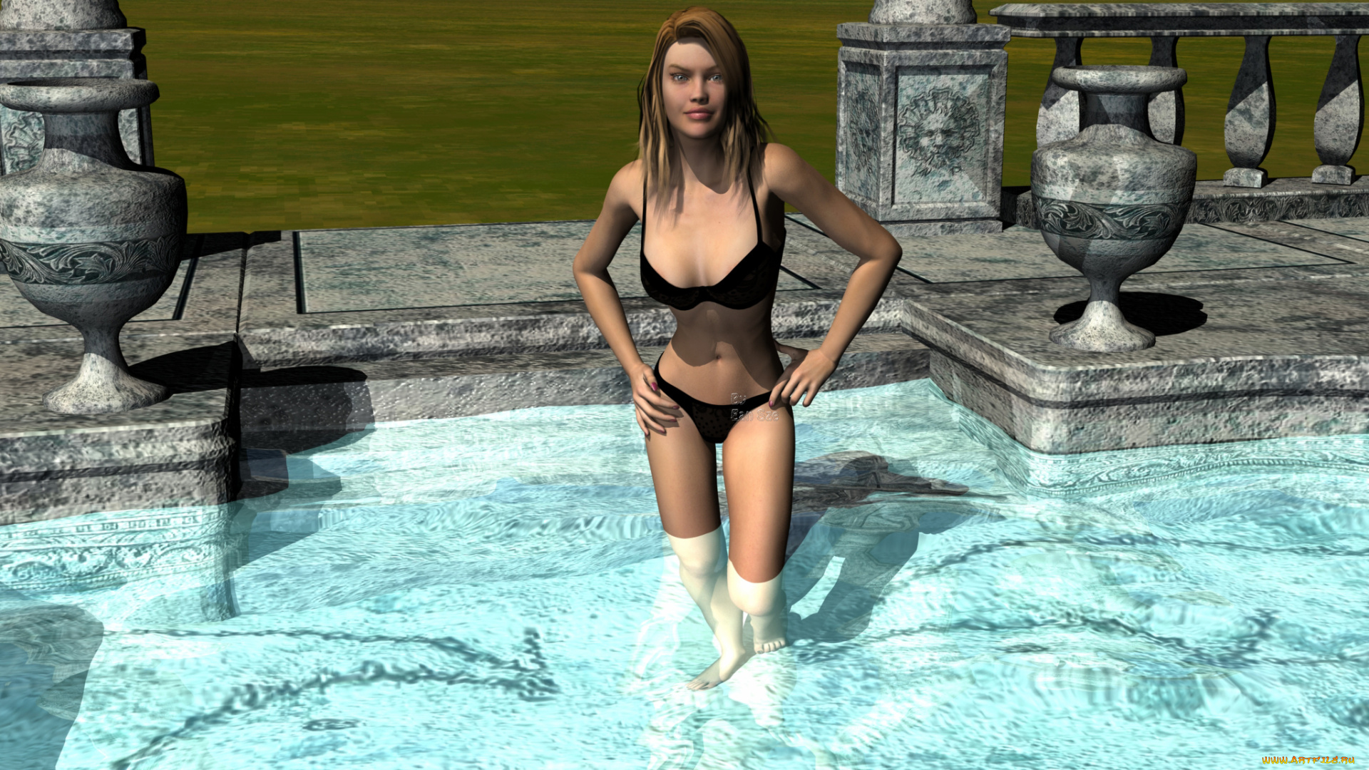3д, графика, люди, , people, взгляд, девушка, бассейн, фон