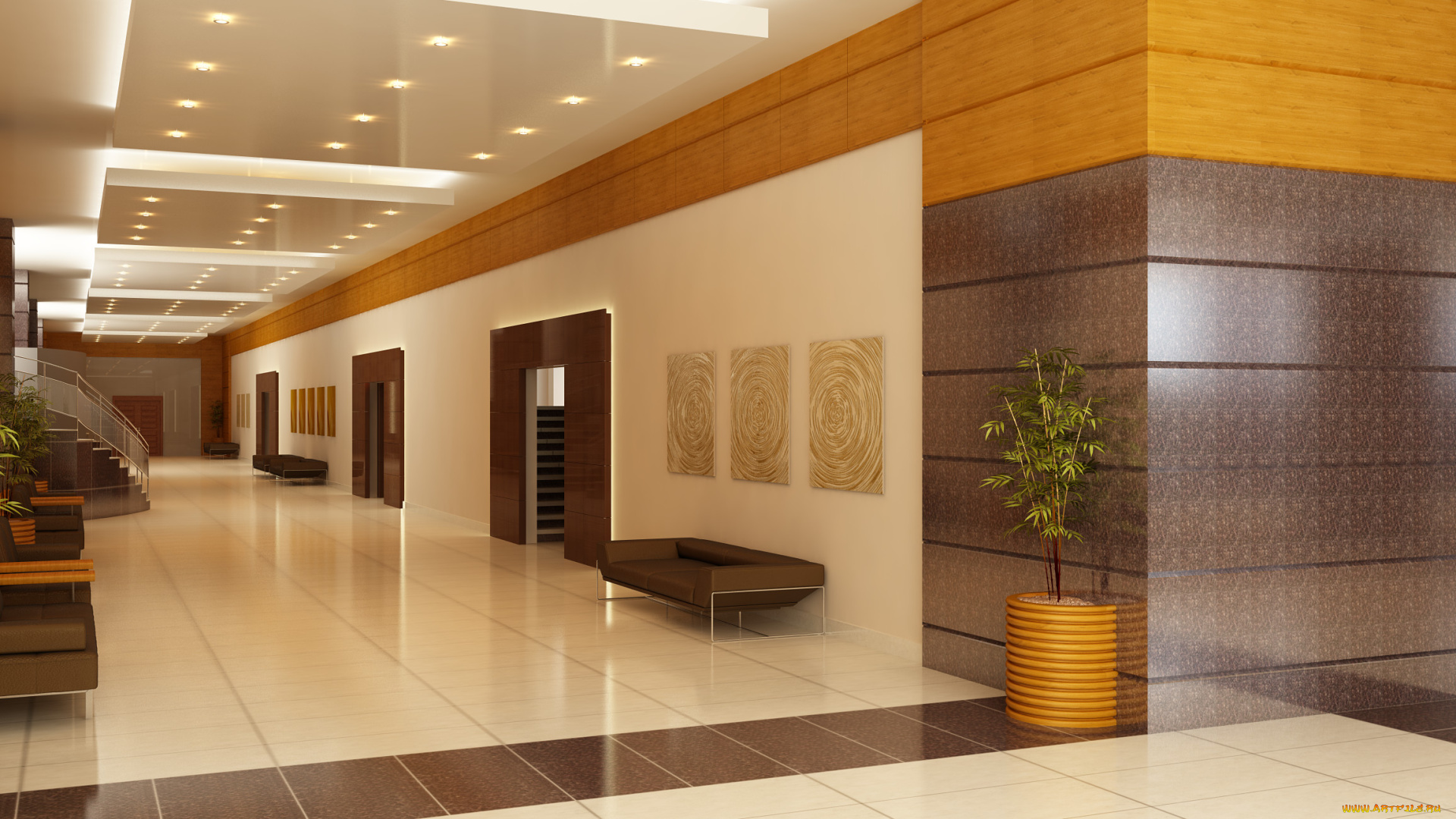 3д, графика, реализм, , realism, лестница, двери, коридор