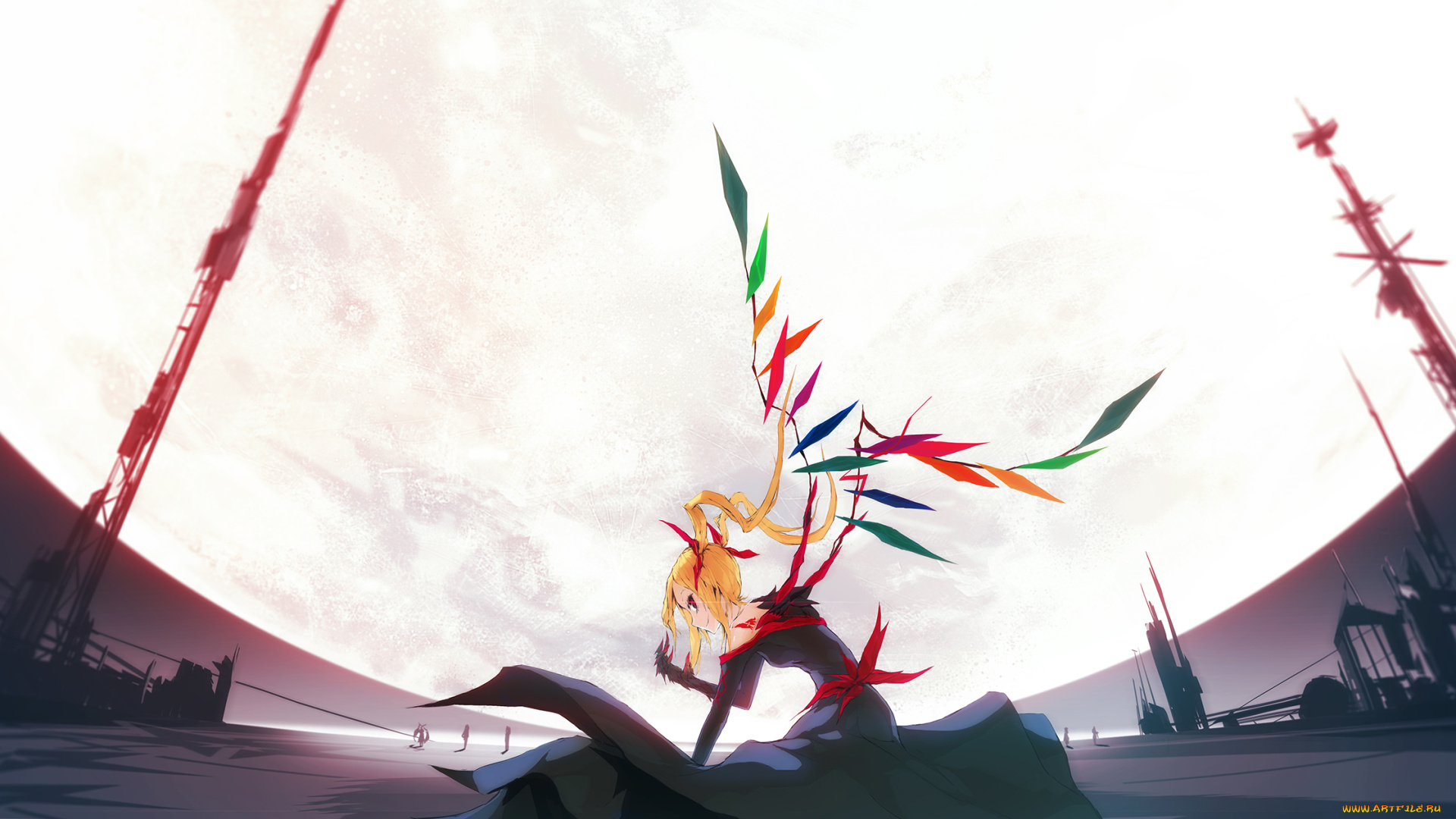 аниме, touhou, крылья, трубы, демон, ночь, полнолуние, сооружние, кристаллы, завод, здания, девушка, lowlight, kirilenko, flandre, scarlet, луна