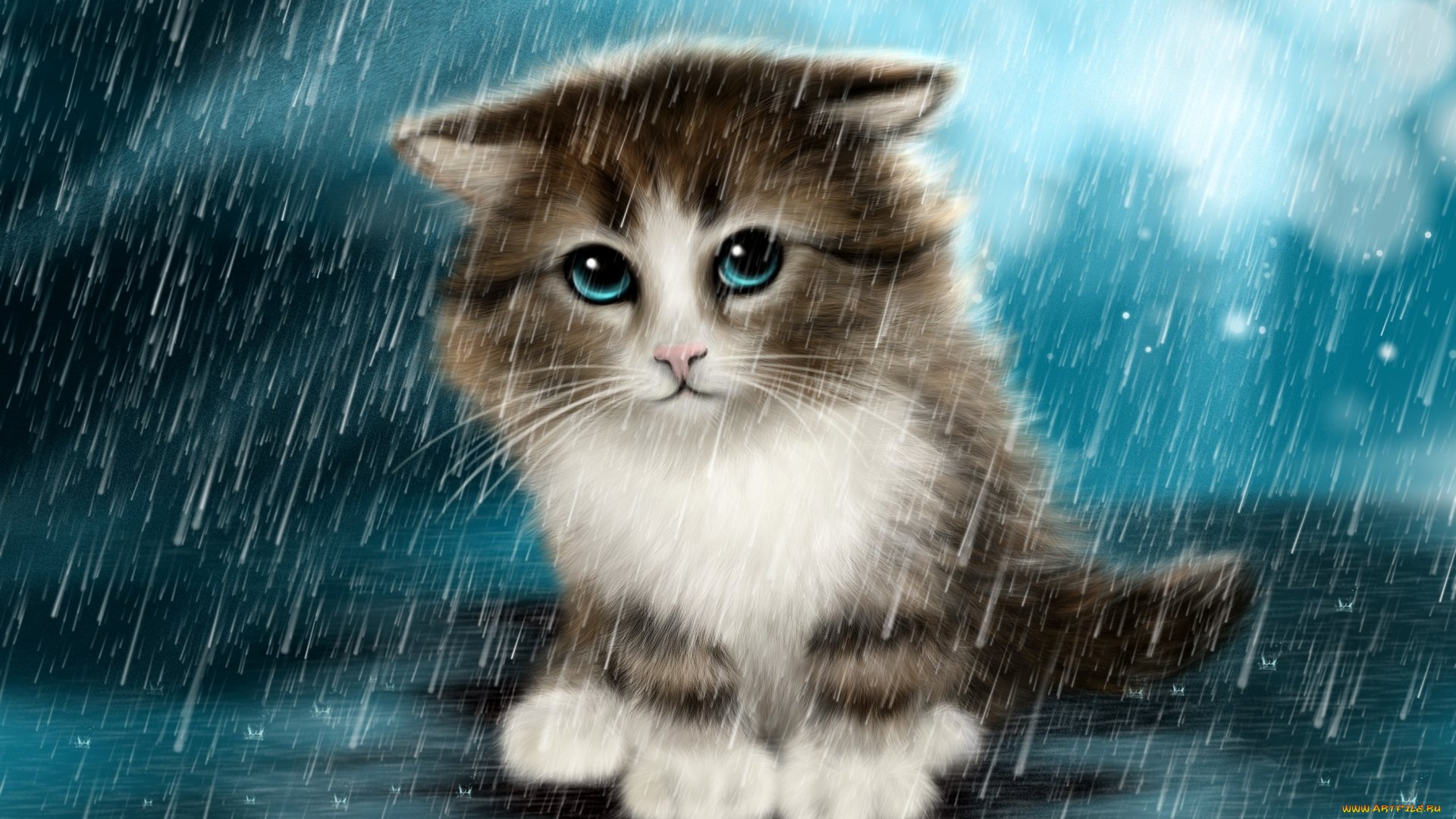 рисованное, животные, , коты, котенок, дождь, грусть