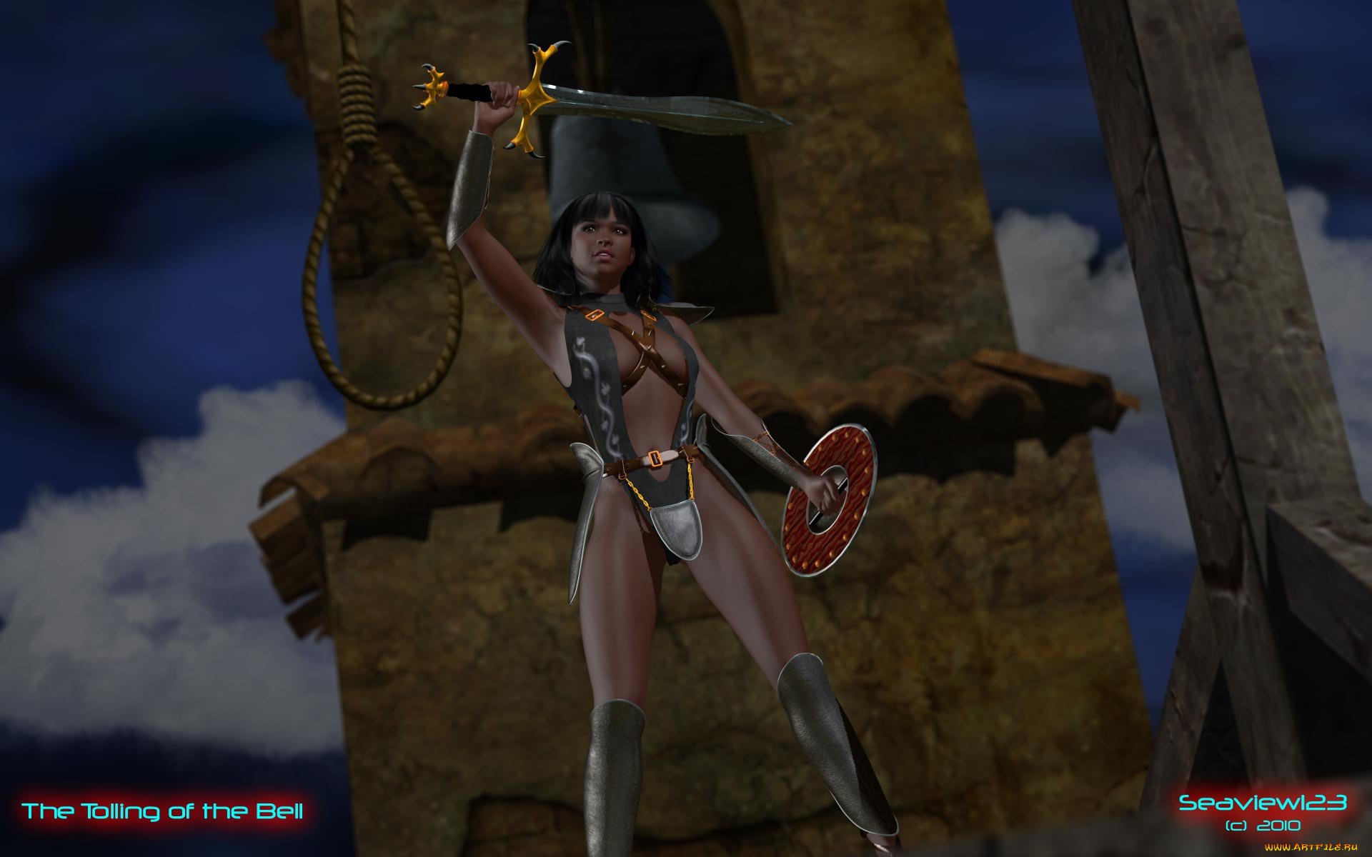 3д, графика, фантазия, , fantasy, щит, меч, фон, взгляд, девушка