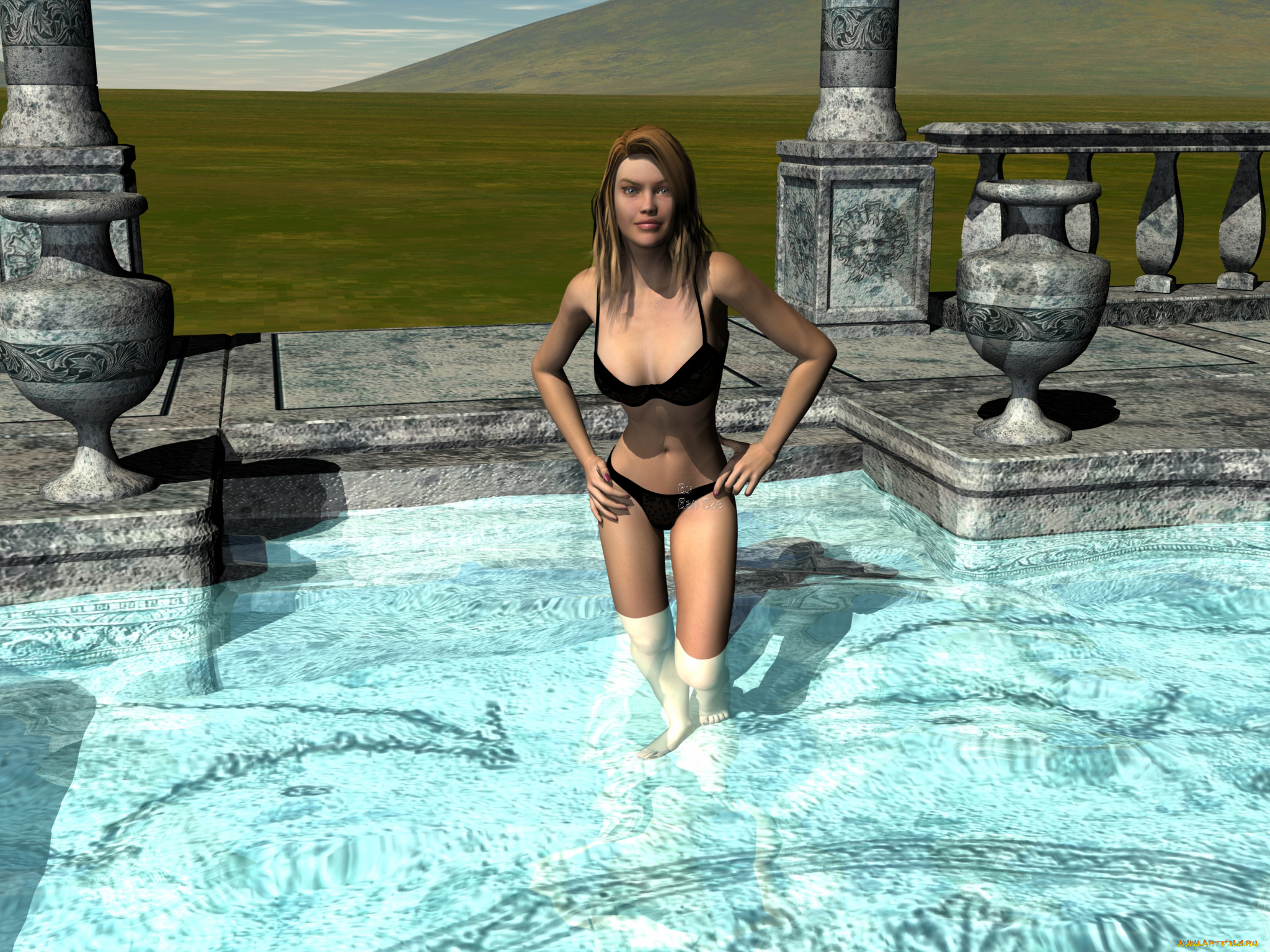 3д, графика, люди, , people, взгляд, девушка, бассейн, фон