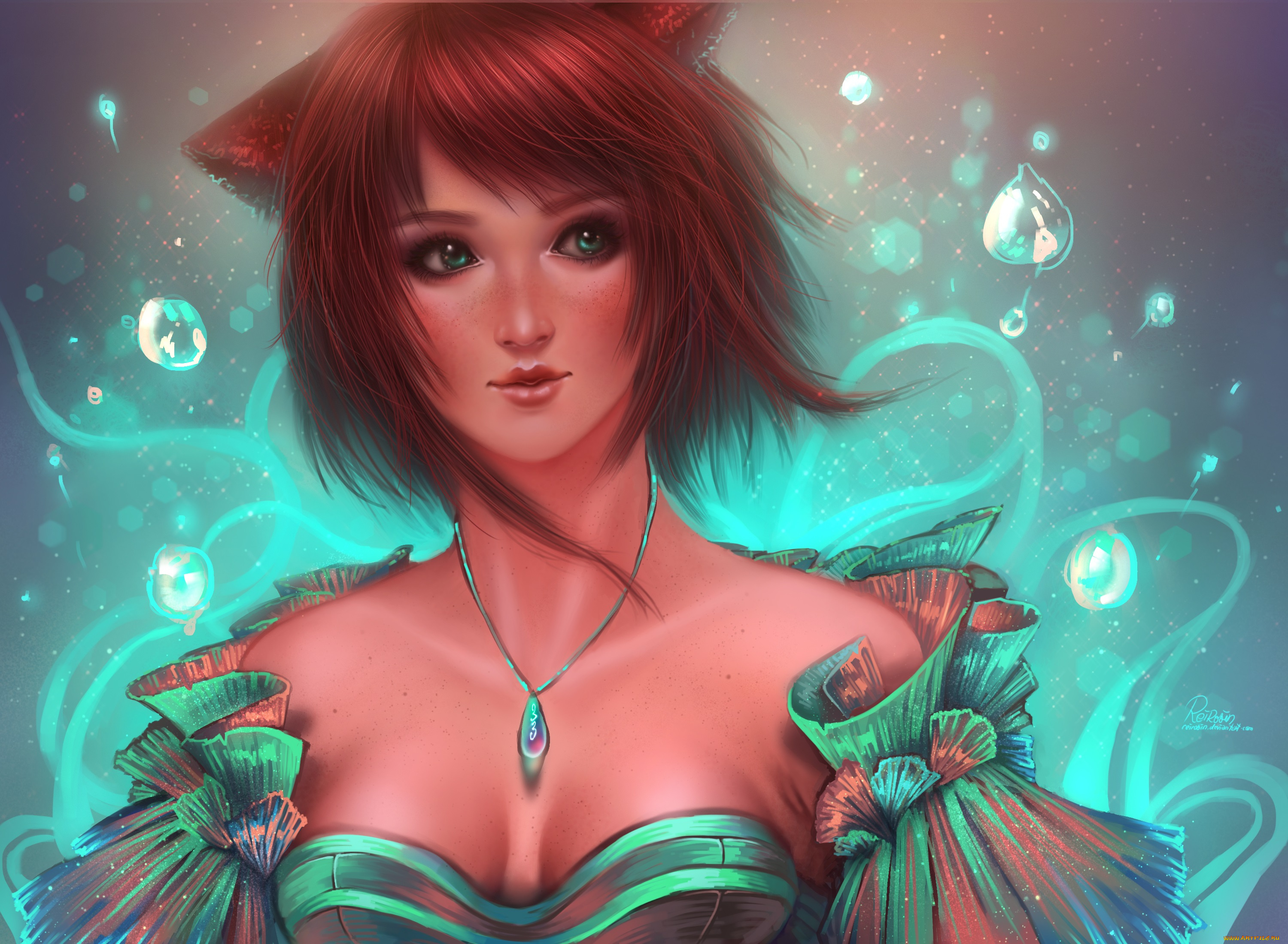 рисованное, люди, ушки, волосы, шея, украшение, платье, лицо, взгляд, зеленые, глаза, девушка