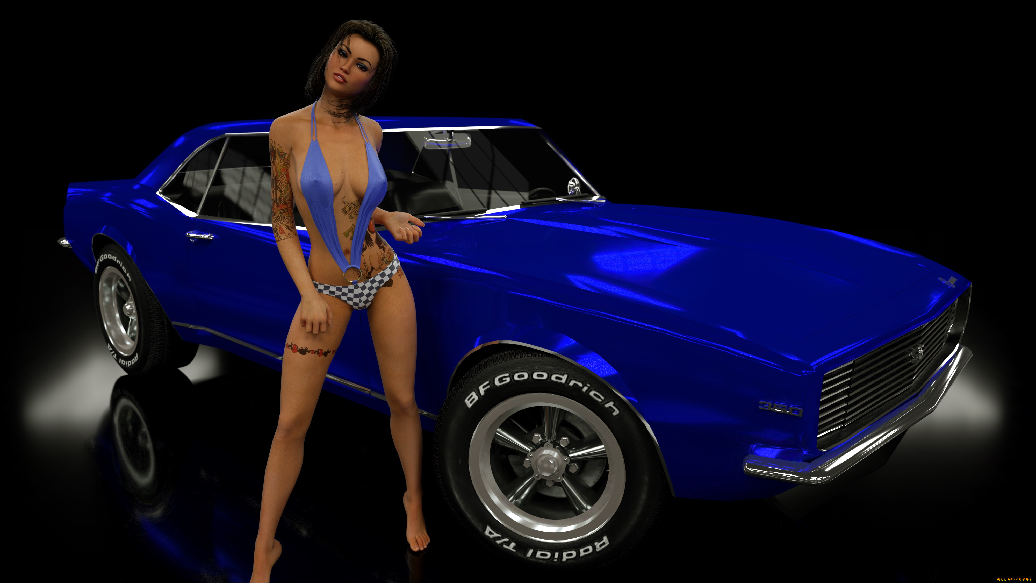 автомобили, 3d, car&girl, автомобиль, фон, взгляд, девушка