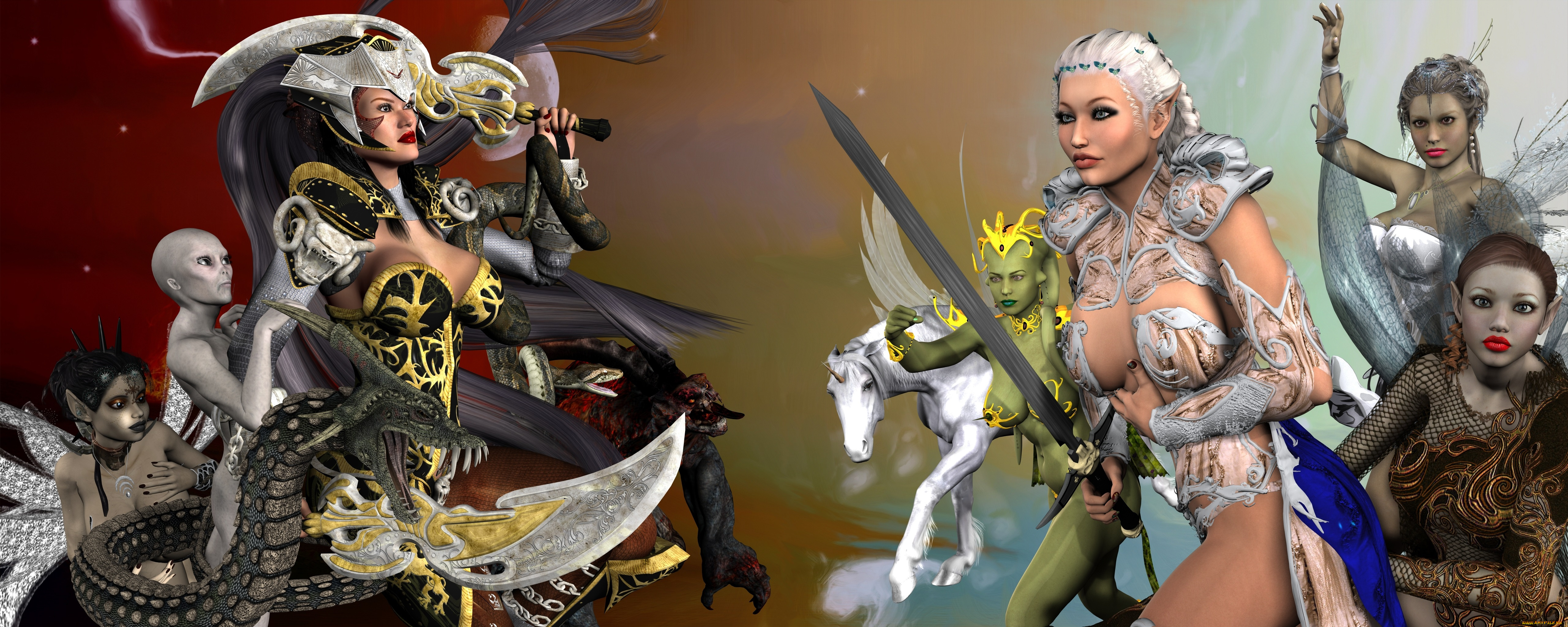 3д, графика, эльфы, , elves, драка, эльфийки, взгляд, фон, существа