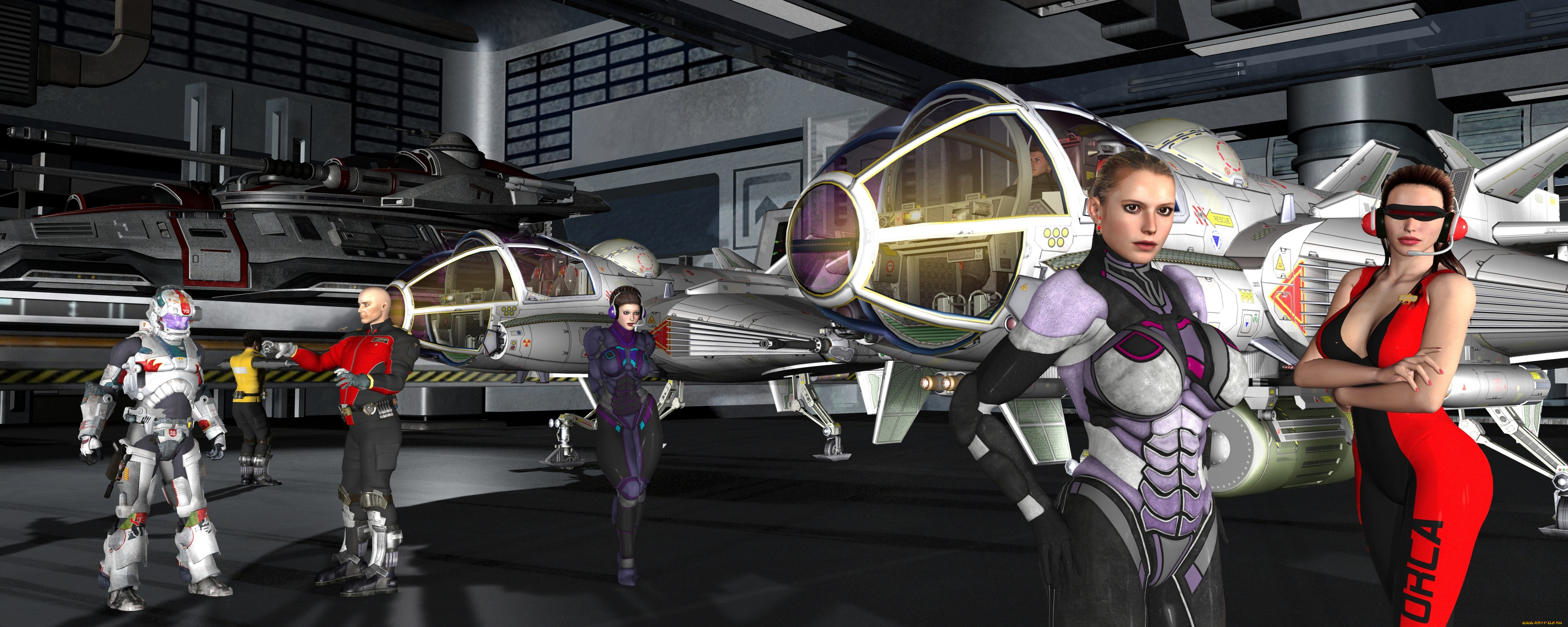 3д, графика, фантазия, , fantasy, самолеты, ангар, люди