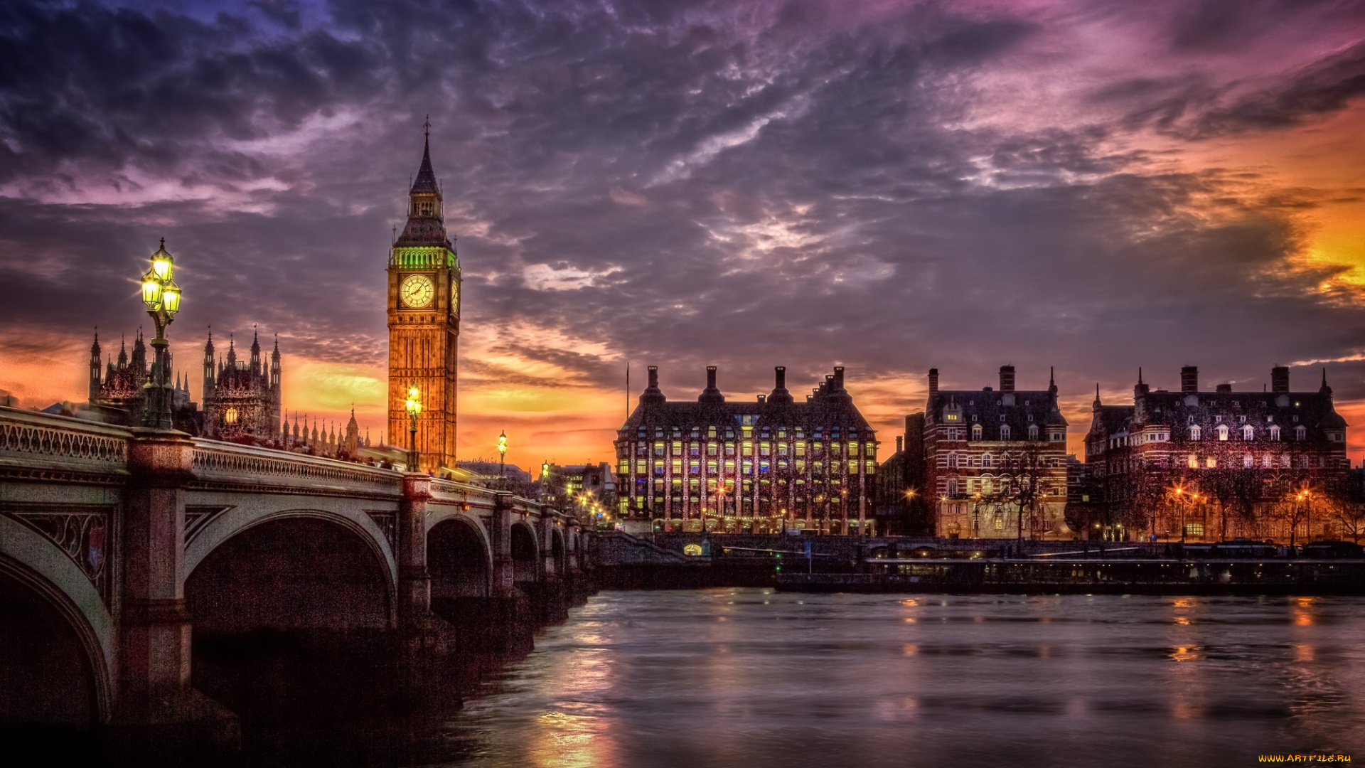 города, лондон, , великобритания, london, город, река, огни, вечер