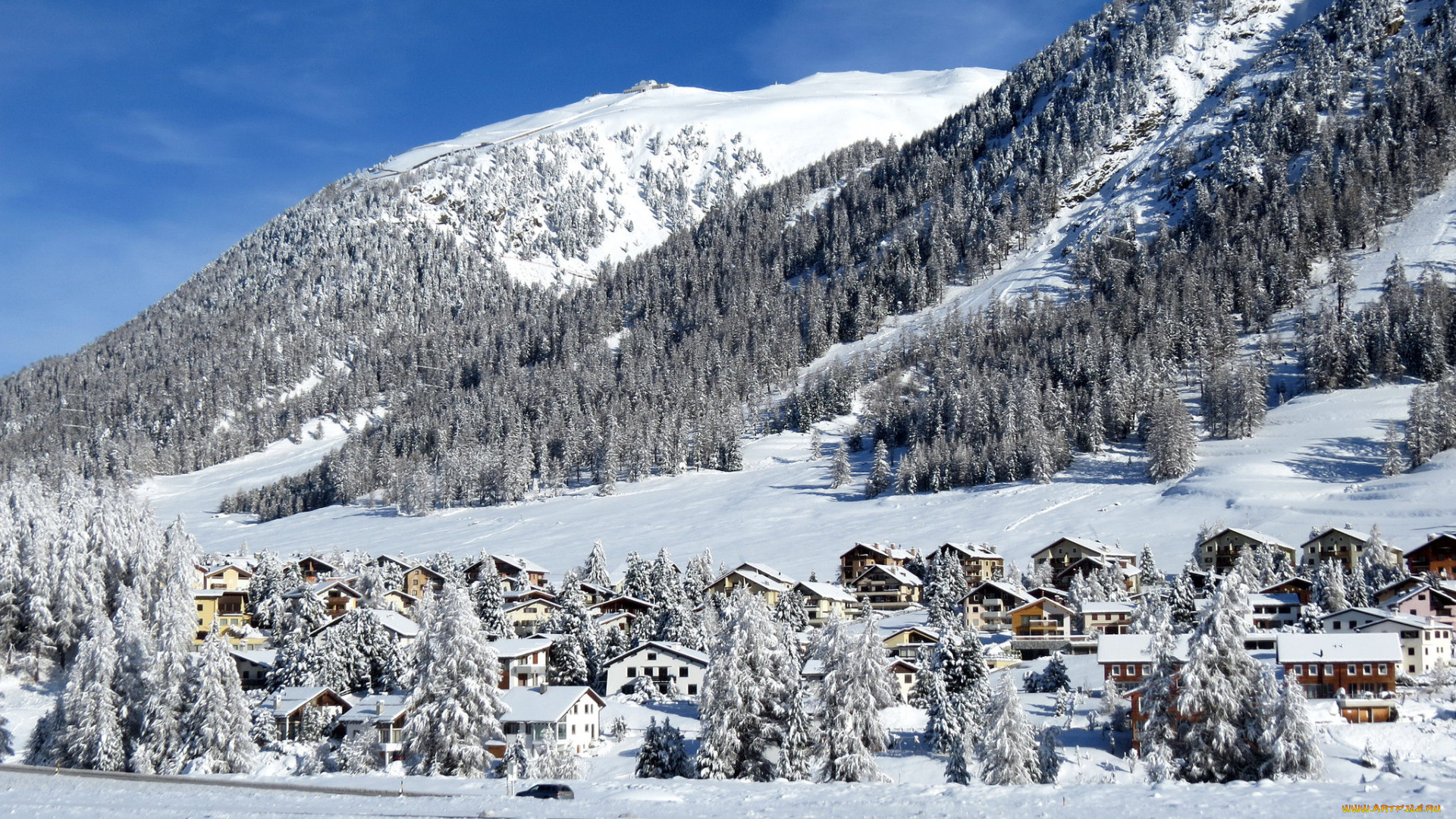 города, -, пейзажи, снег, дома, горы