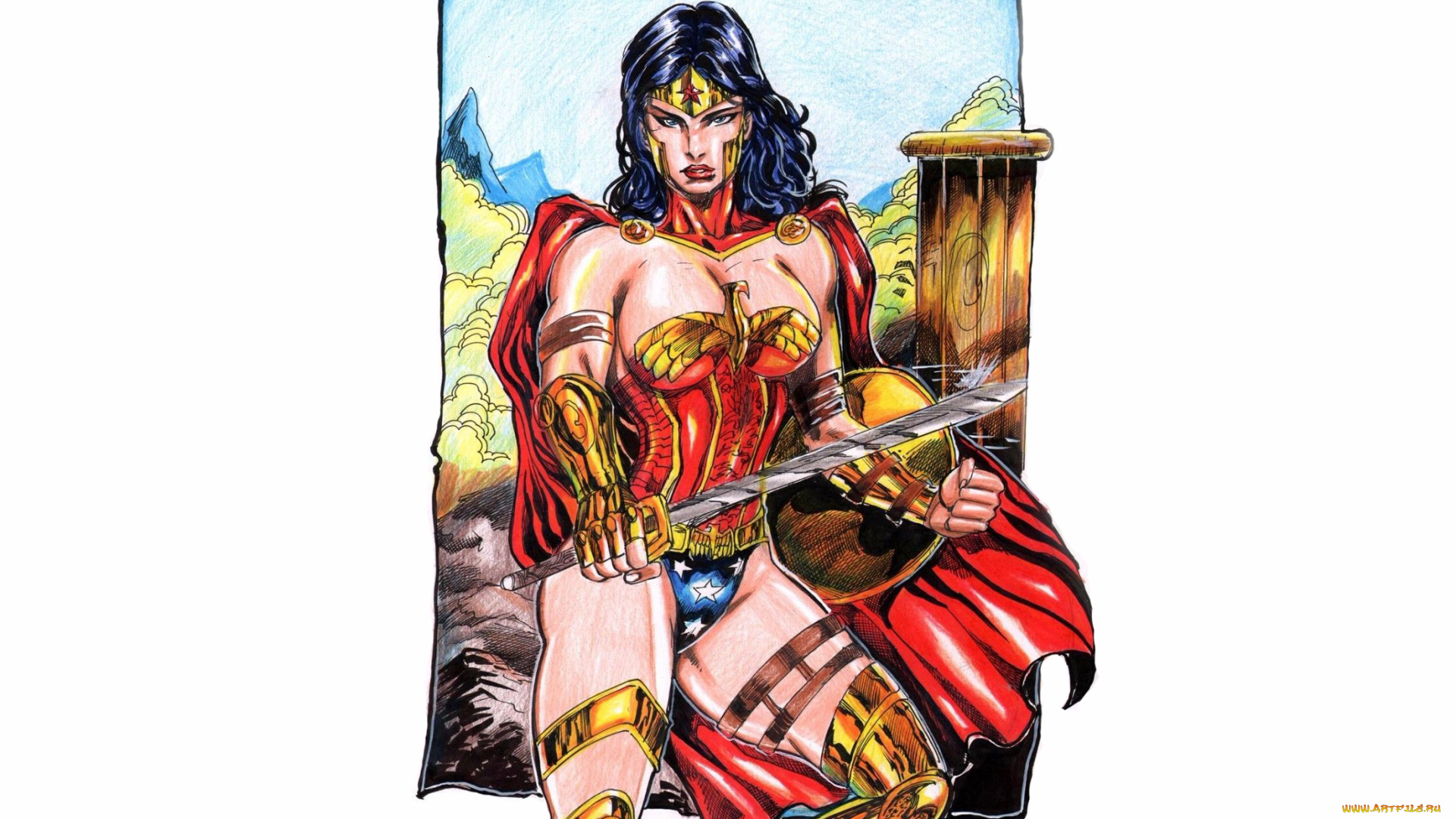рисованное, комиксы, девушка, фон, взгляд, униформа, оружие