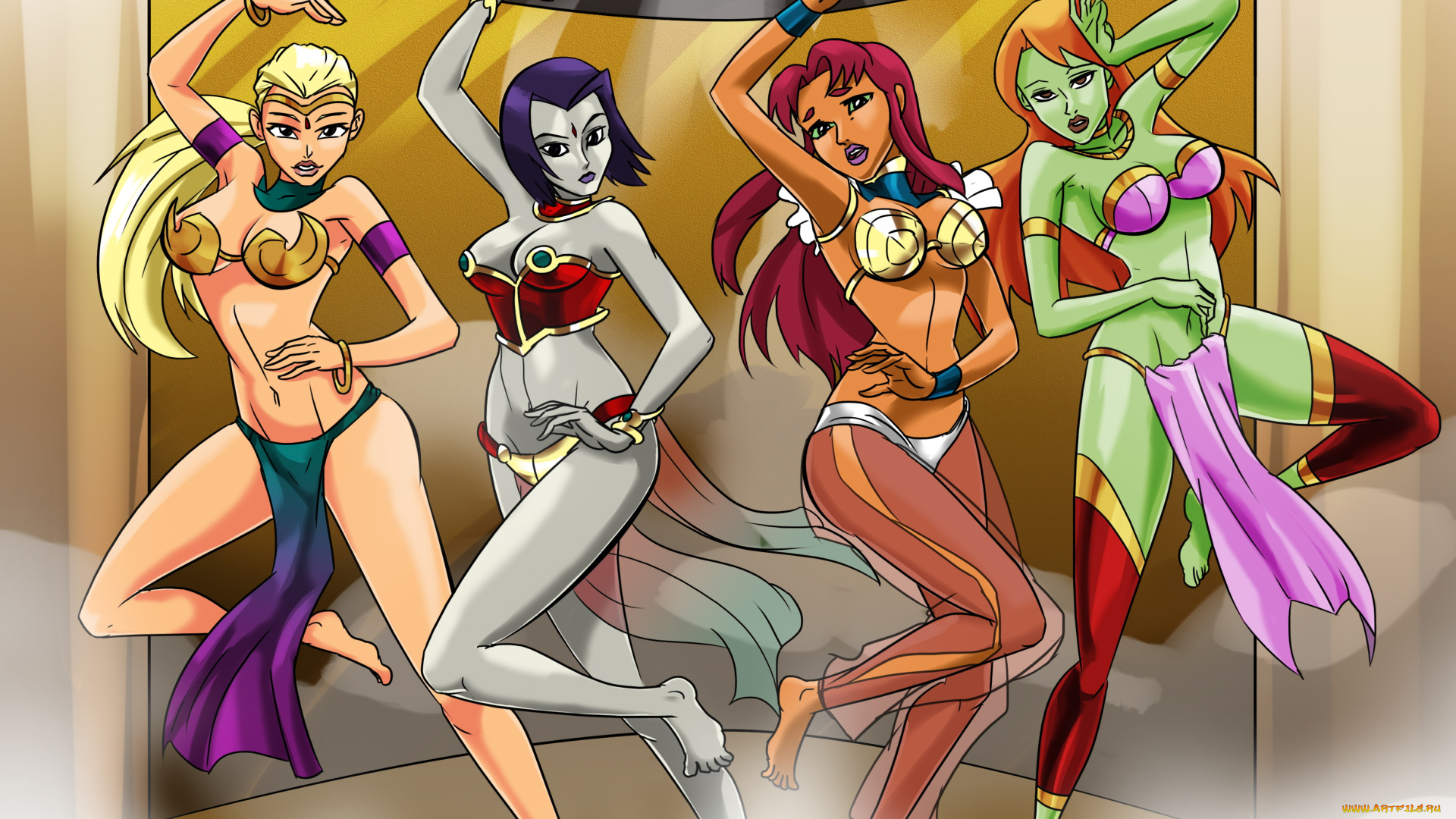 рисованное, комиксы, девушки, фон, взгляд, танец