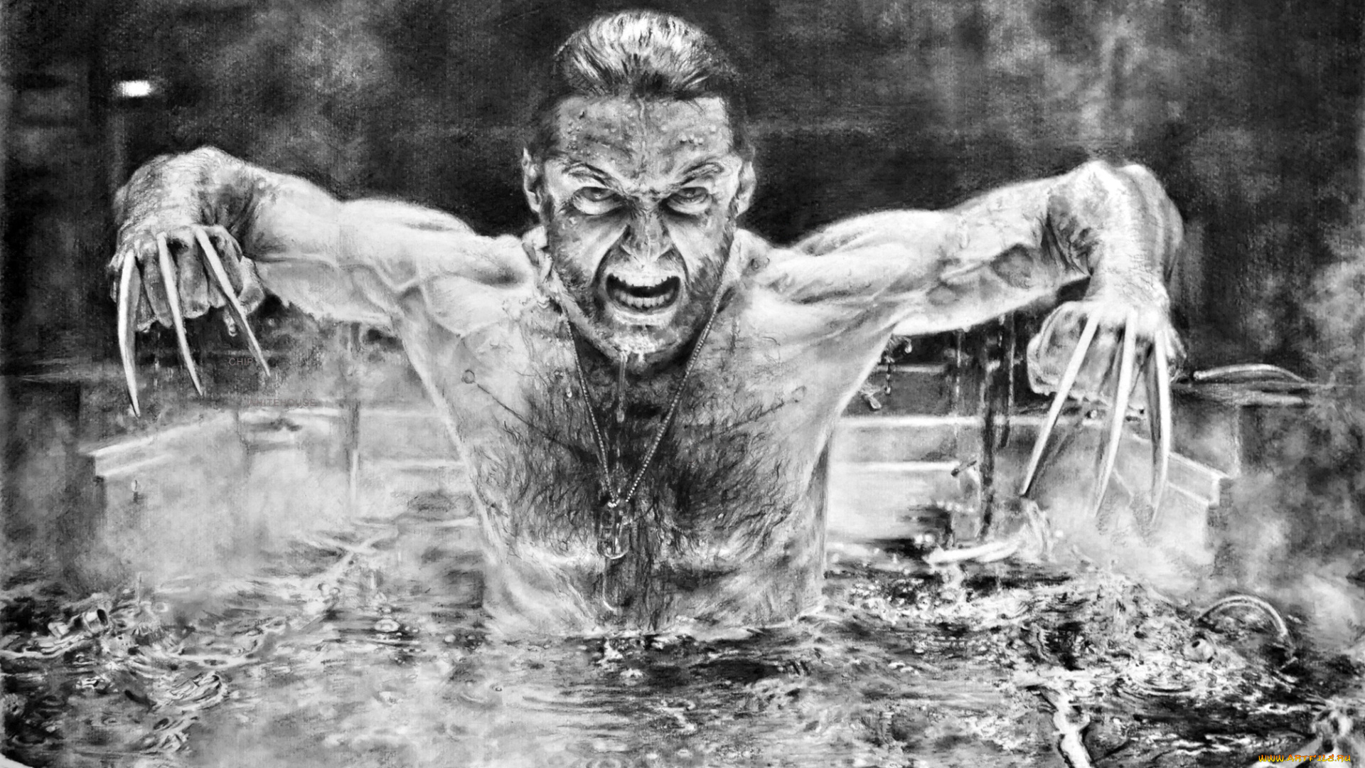 рисованное, комиксы, мужчина, фон, вода, ножи