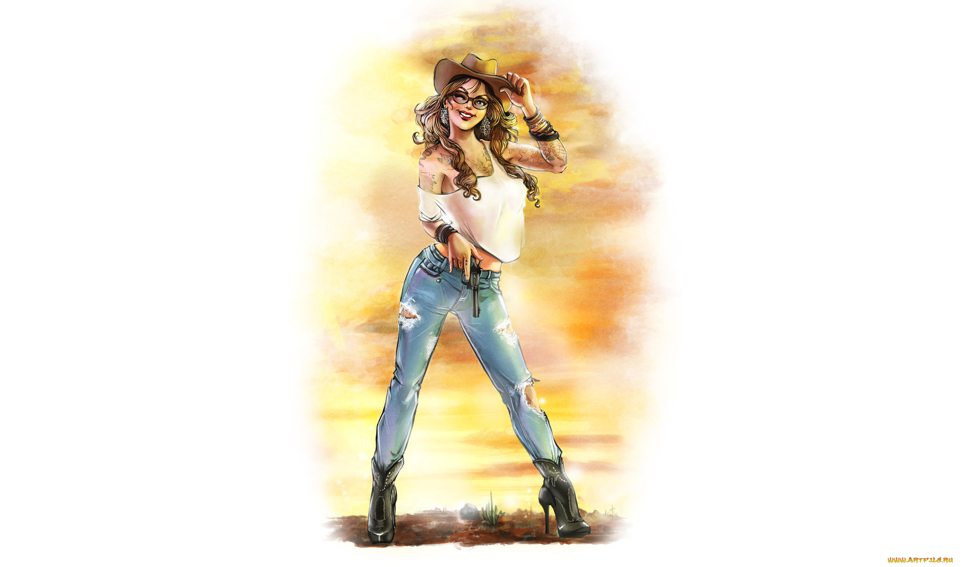 рисованное, люди, девушка, фон, взгляд, улыбка, револьвер, шляпа