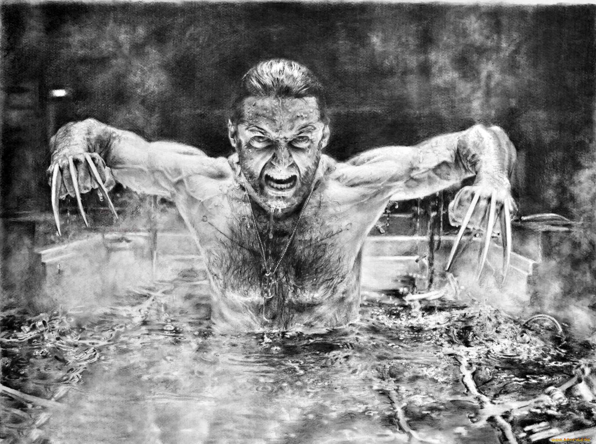 рисованное, комиксы, мужчина, фон, вода, ножи