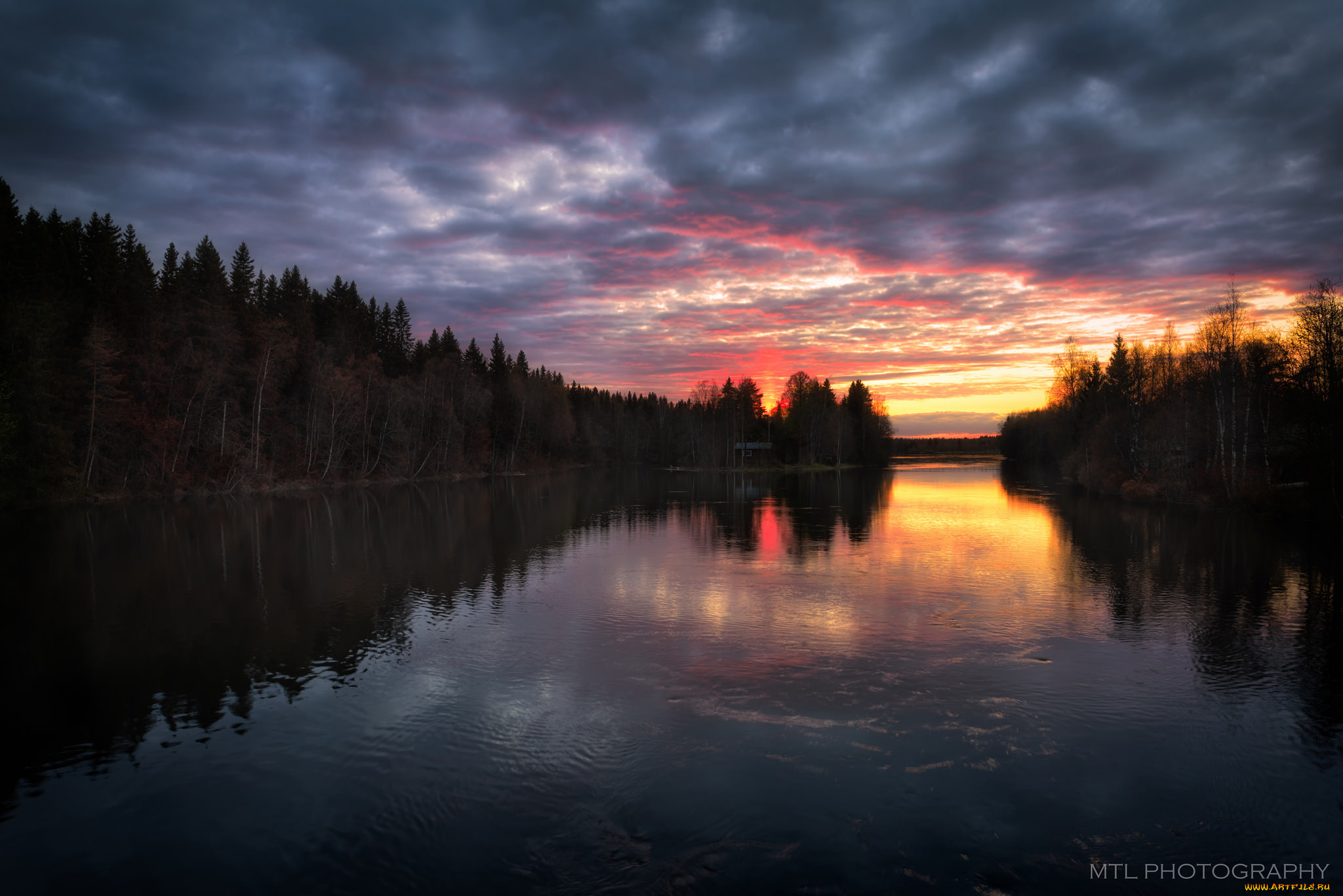 природа, восходы, закаты, река, лес, закат, облака