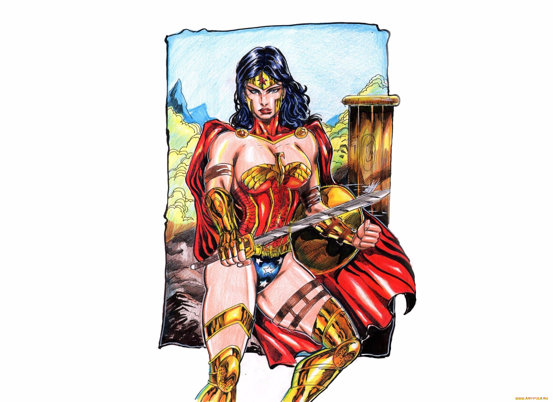 рисованное, комиксы, девушка, фон, взгляд, униформа, оружие