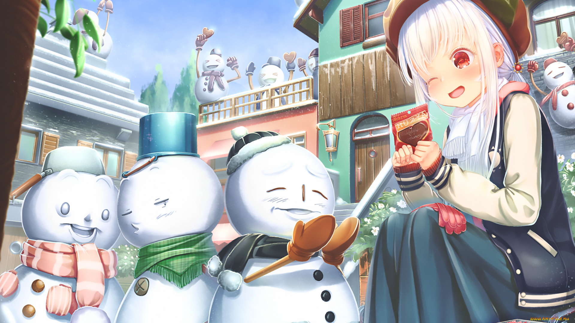 аниме, зима, , новый, год, , рождество, фон, взгляд, девушка