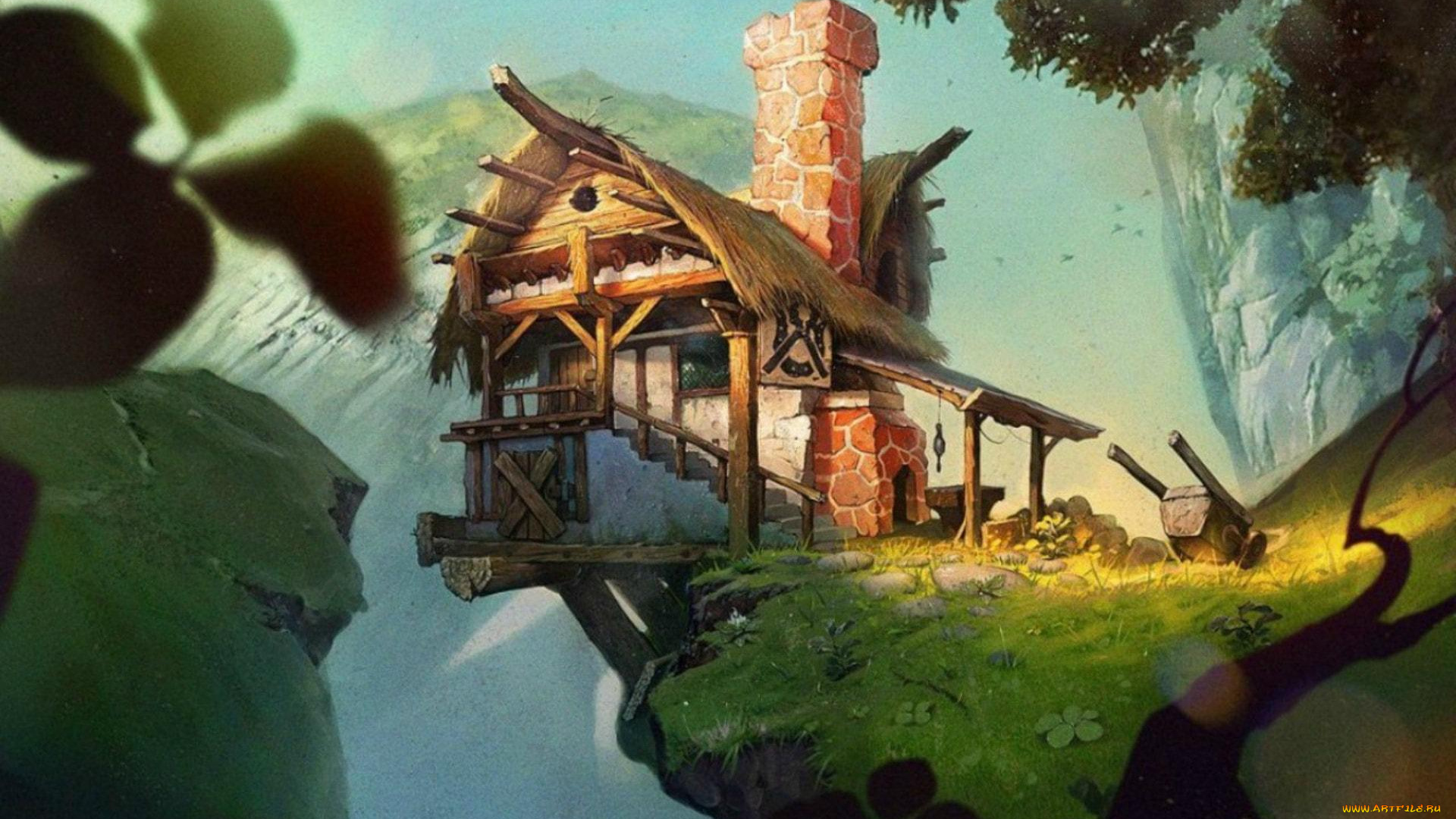 фэнтези, другое, горы, домик, тачка, пропасть