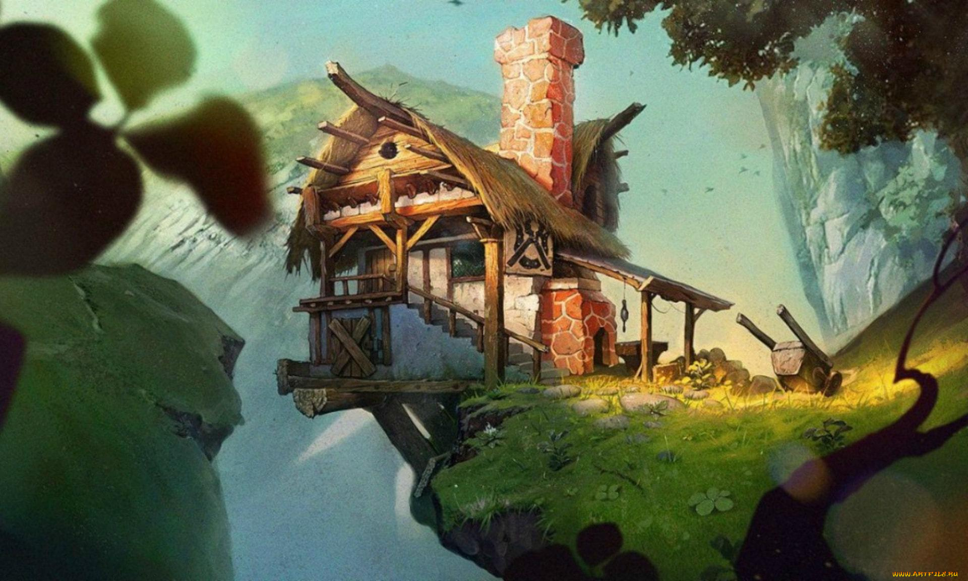 фэнтези, другое, горы, домик, тачка, пропасть