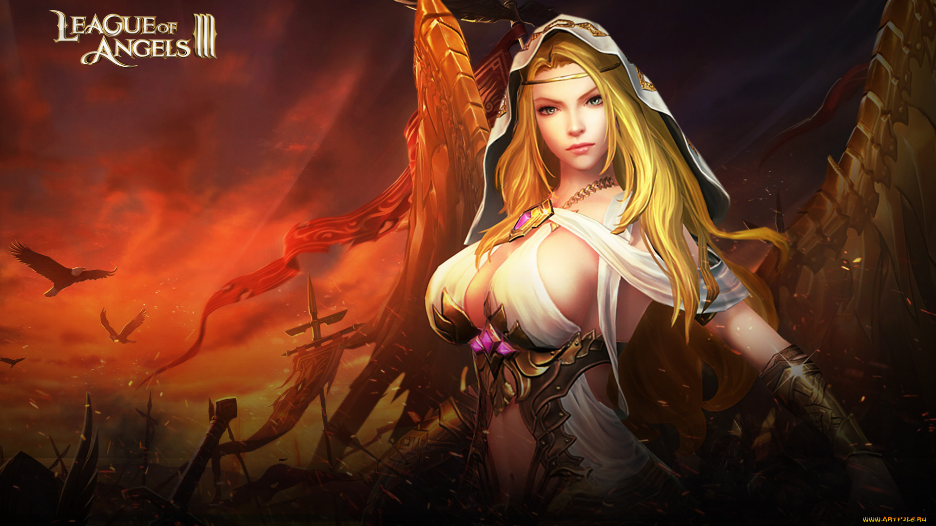 видео, игры, league, of, angels, закат, крылья, девушка, ангел, войска, орел