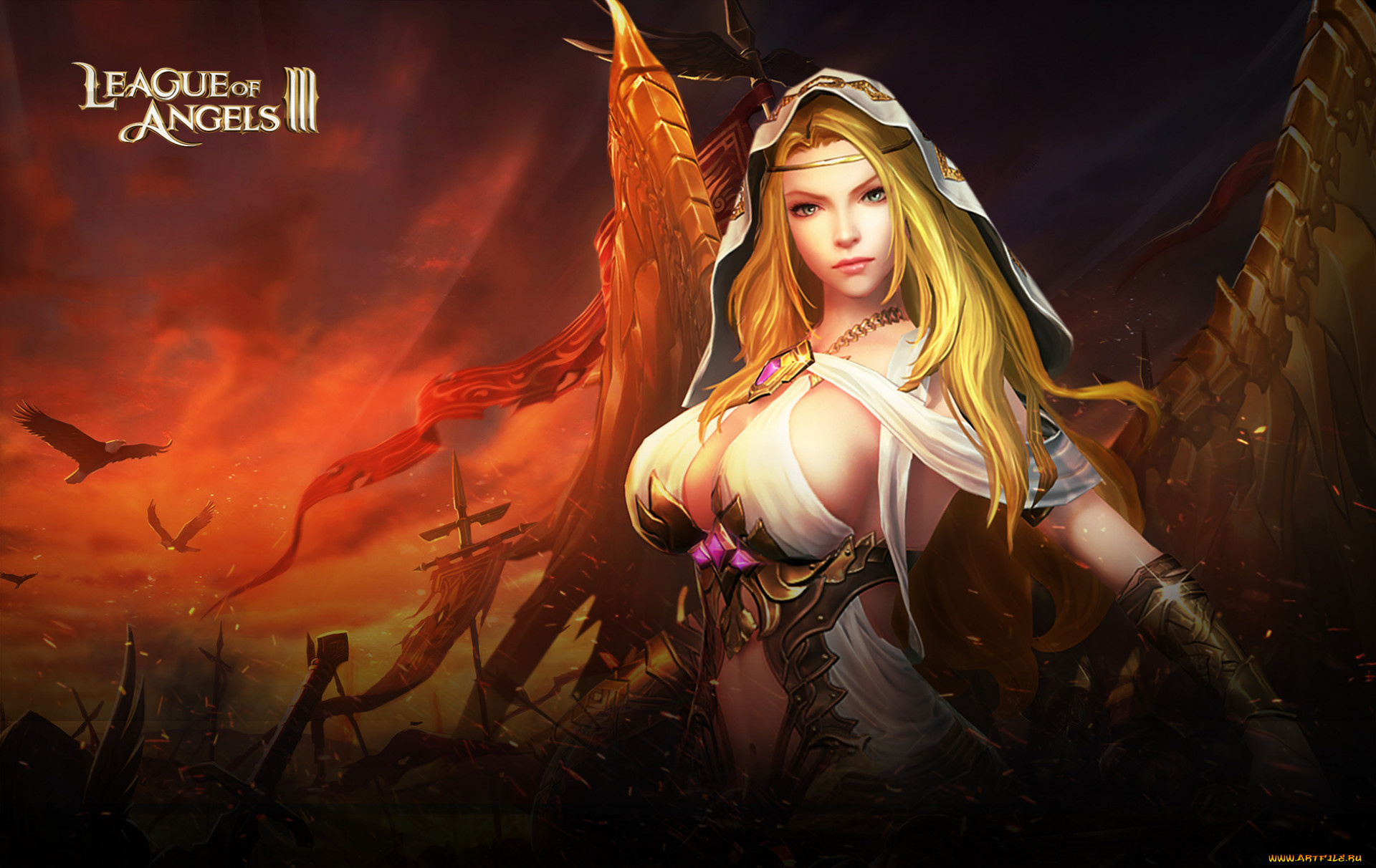 видео, игры, league, of, angels, закат, крылья, девушка, ангел, войска, орел