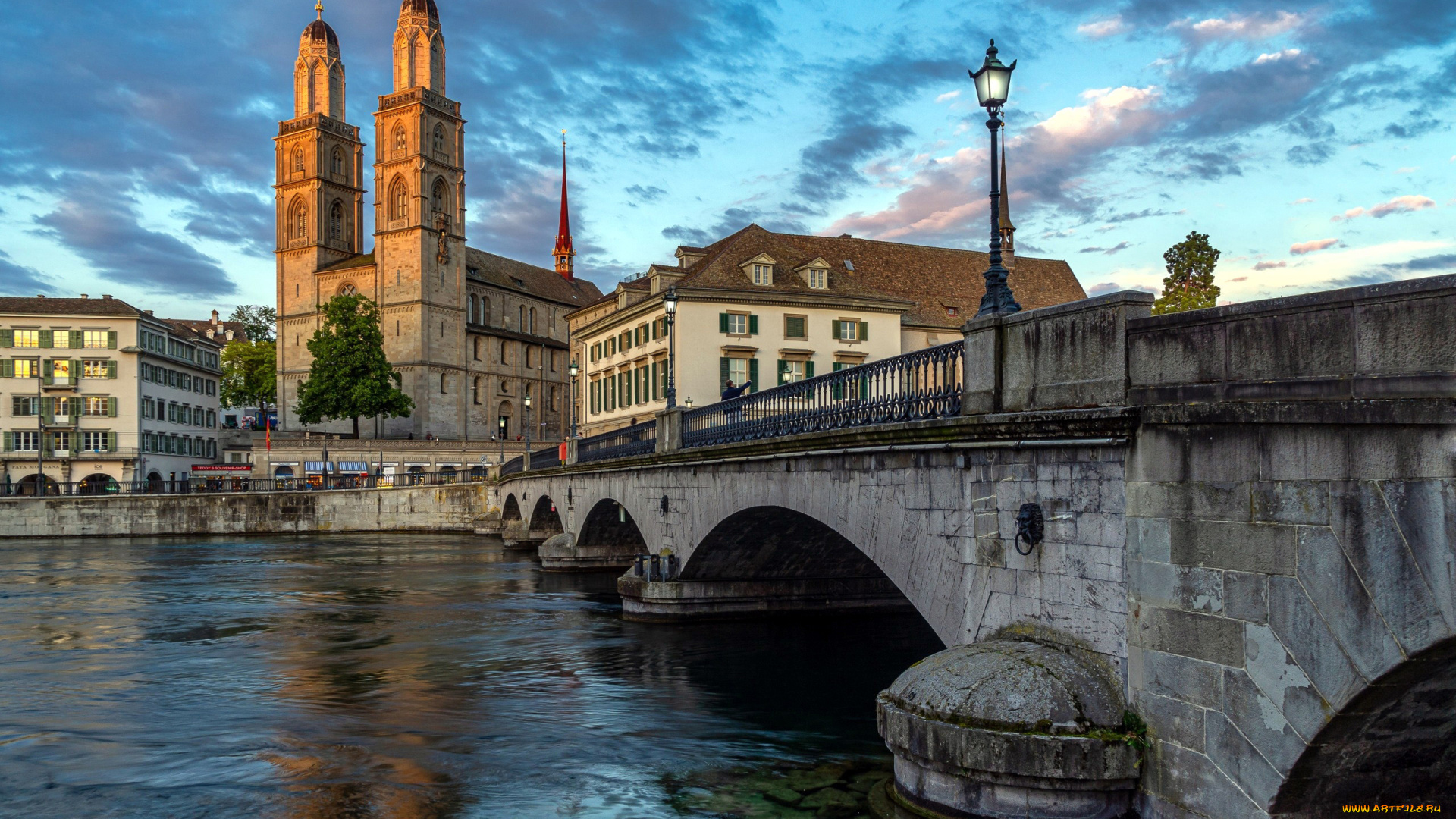 города, цюрих, , швейцария, река, собор, мост