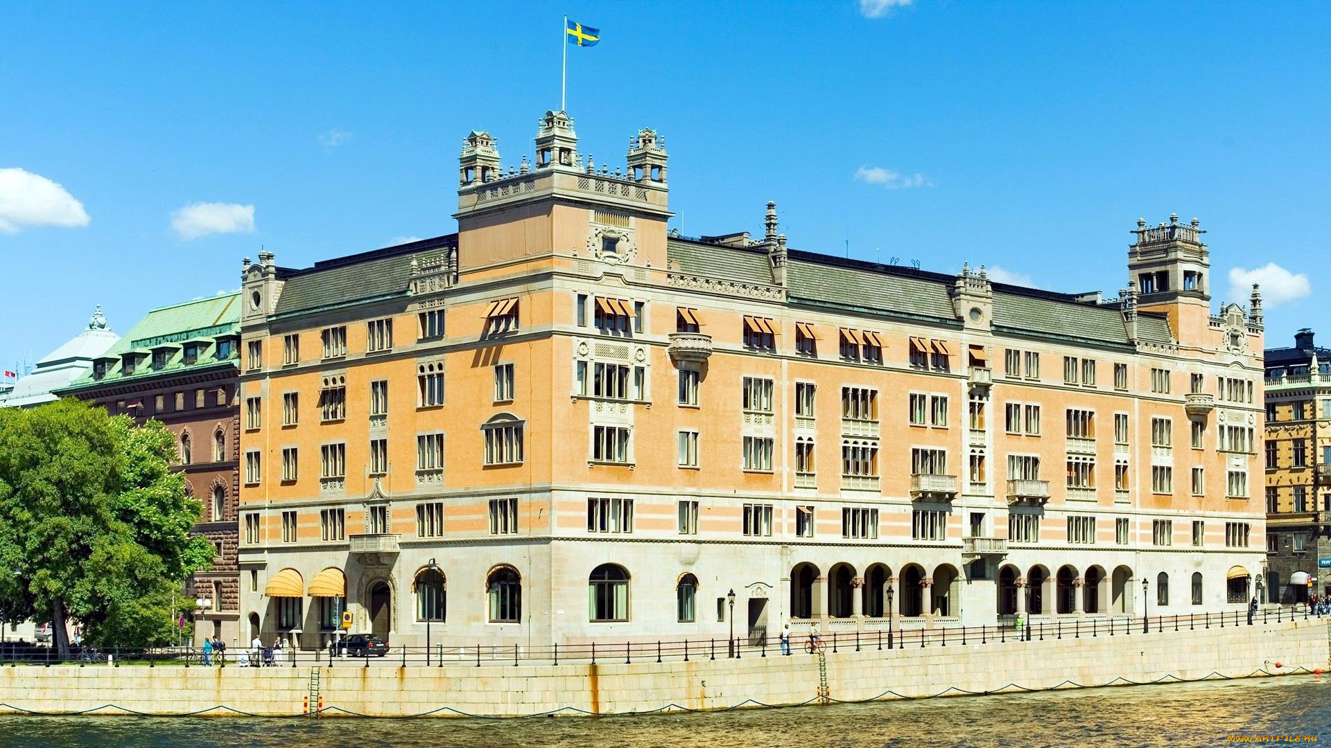 города, стокгольм, , швеция, флаги, здание