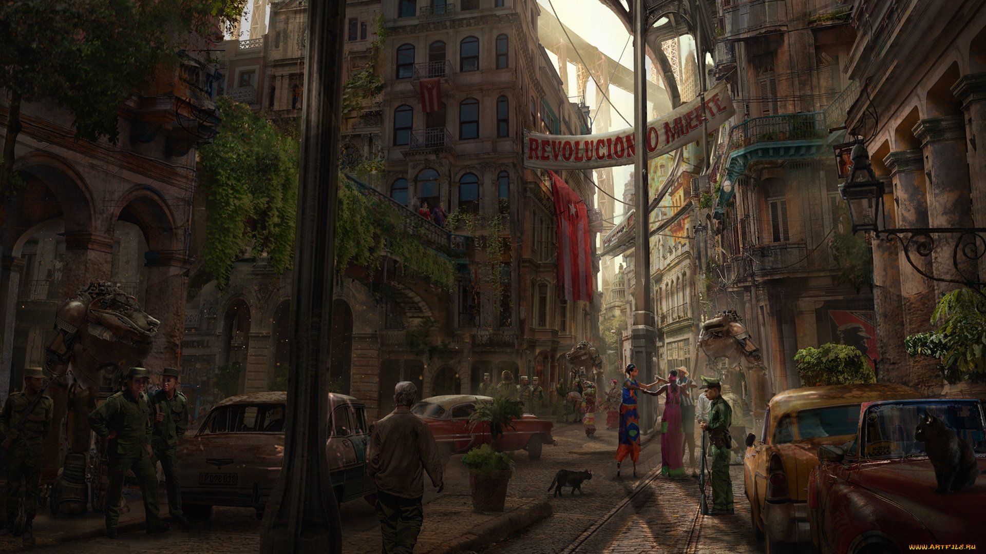 рисованное, города, улица, люди, военные, eddie, mendoza