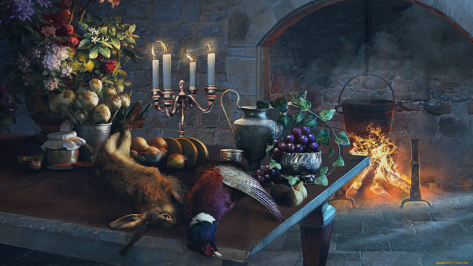 рисованное, живопись, фазан, кролик, еда, камин, стол, котелок, огонь