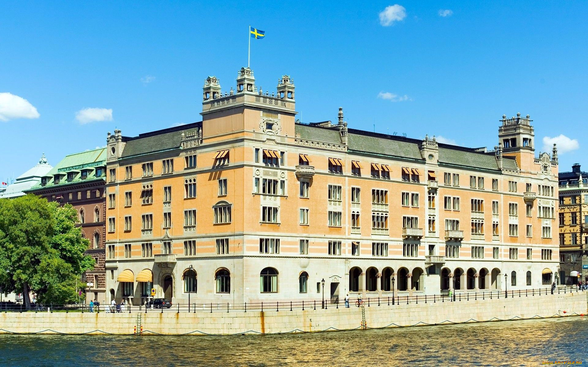 города, стокгольм, , швеция, флаги, здание