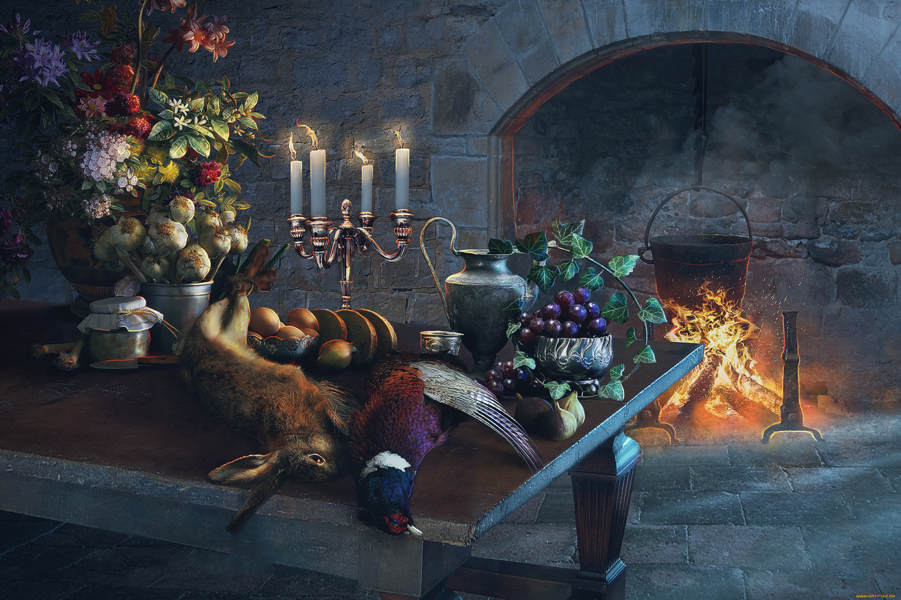 рисованное, живопись, фазан, кролик, еда, камин, стол, котелок, огонь